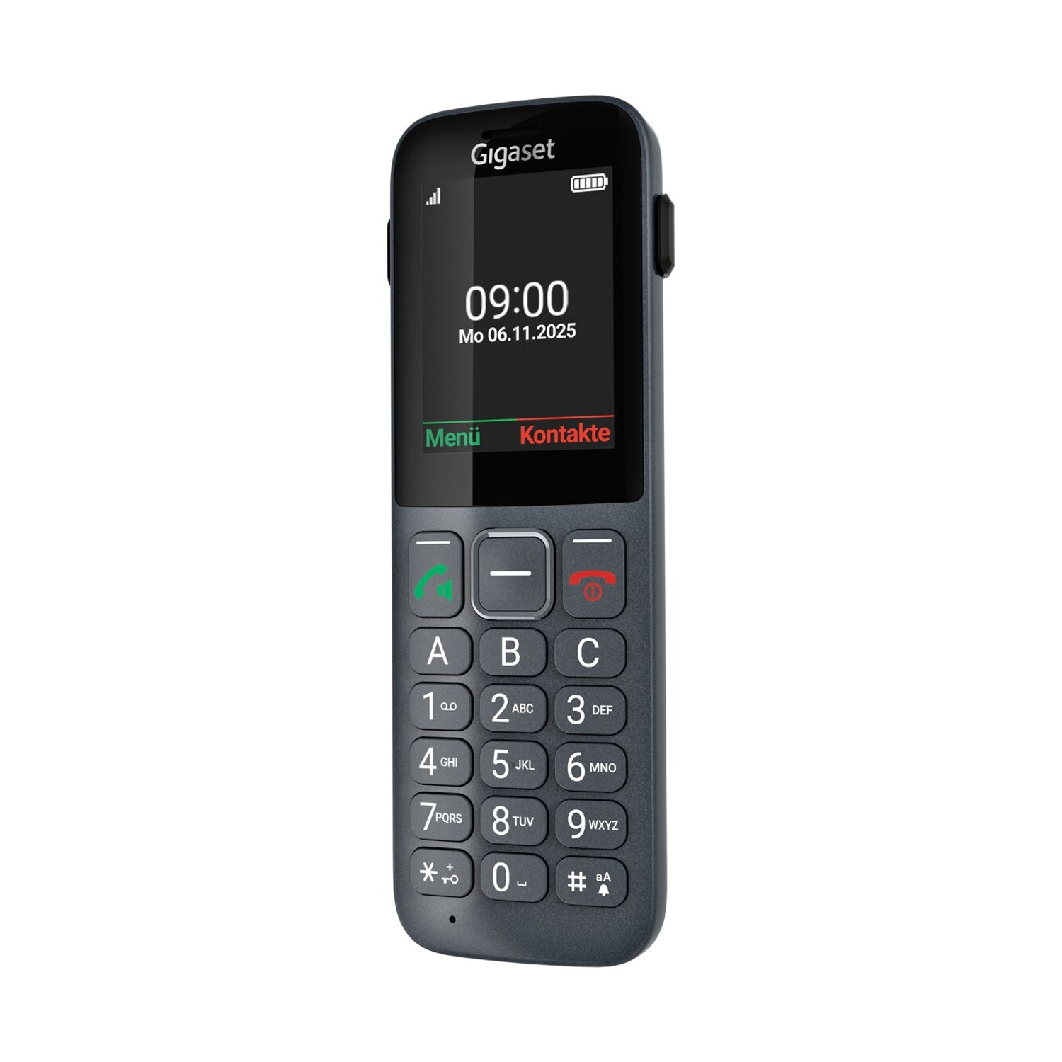 Un telefono cellulare Gigaset grigio con ampio display che mostra le 09:00.
