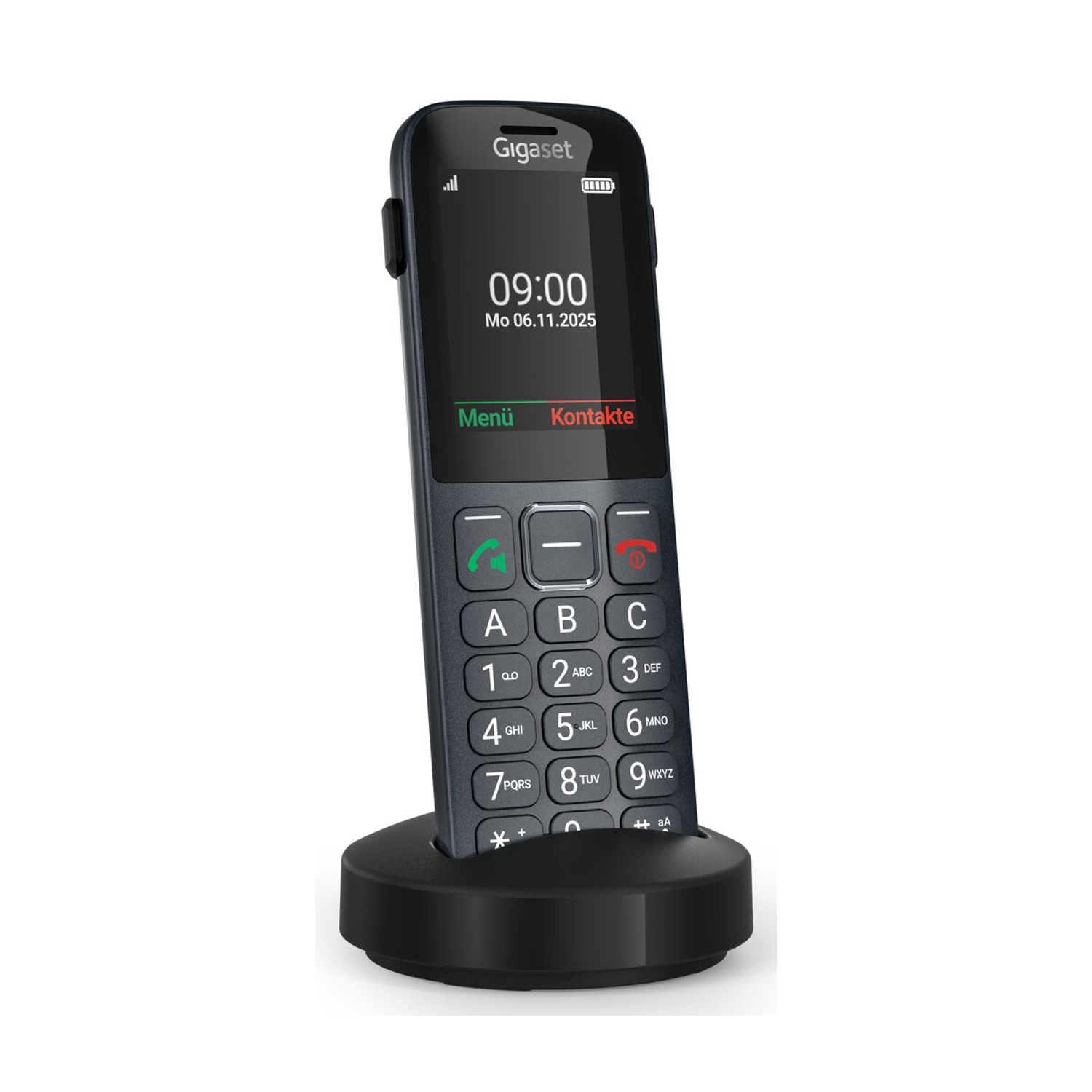 Un telefono senior Gigaset nero è su una base di ricarica.