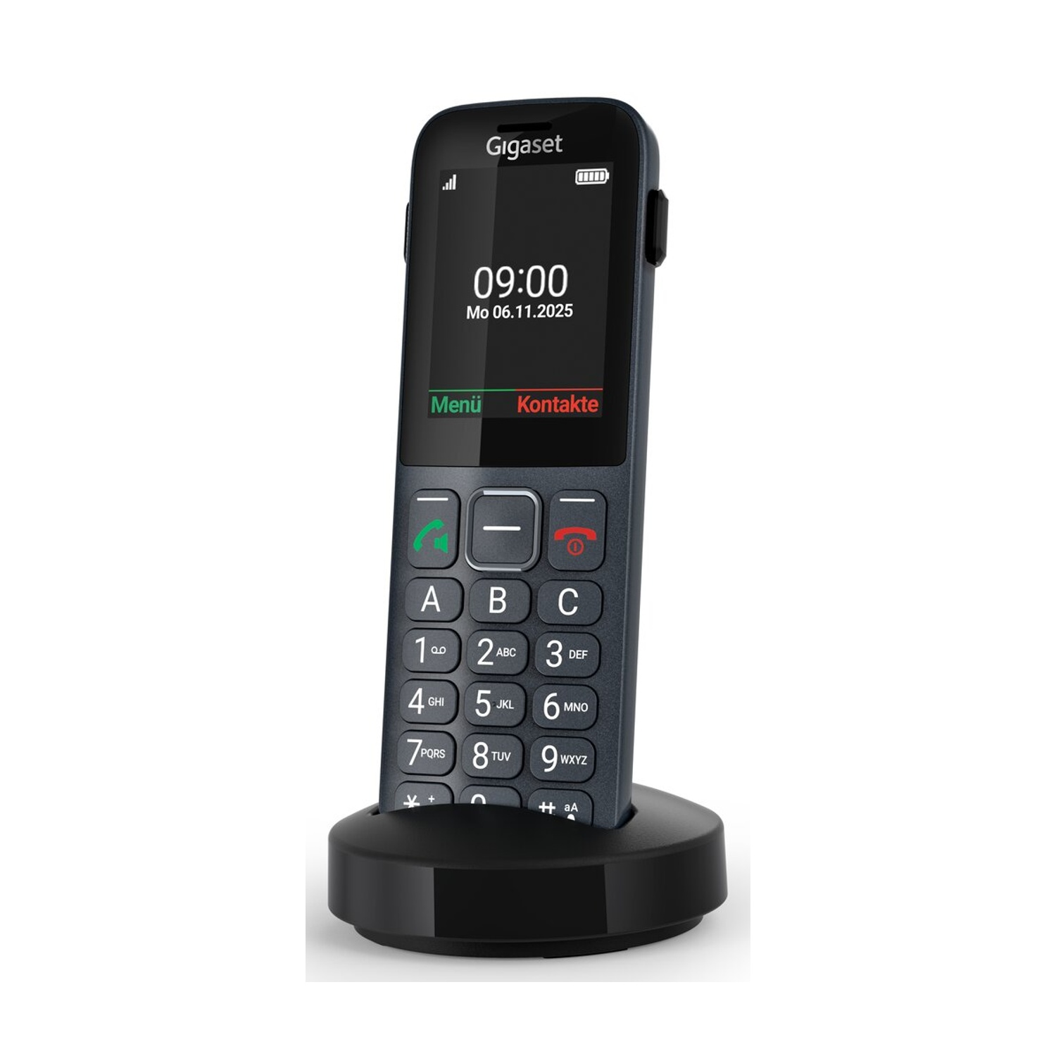 Un telefono Gigaset grigio con tasti numerici e schermo, in piedi nella sua base di ricarica.