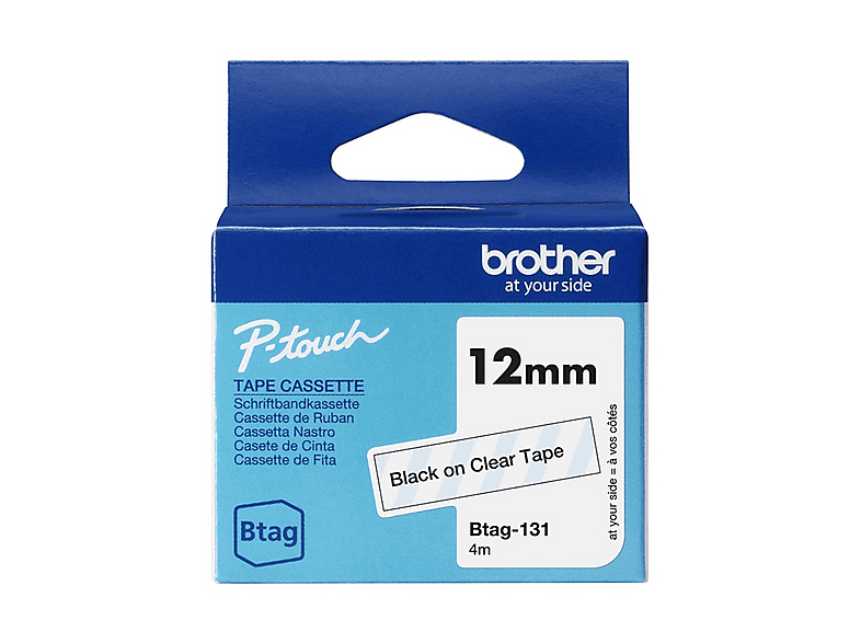 BROTHER BTAG131, Nastro originale per etichetattrici, Nero su Trasparente, Ampiezza 12 mm, Lunghezza 4 m