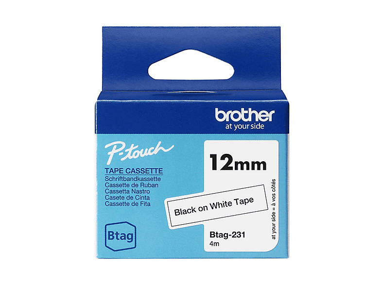 BROTHER BTAG231, Nastro originale per etichetattrici, Nero su Bianco, Ampiezza 12 mm, Lunghezza 4 m