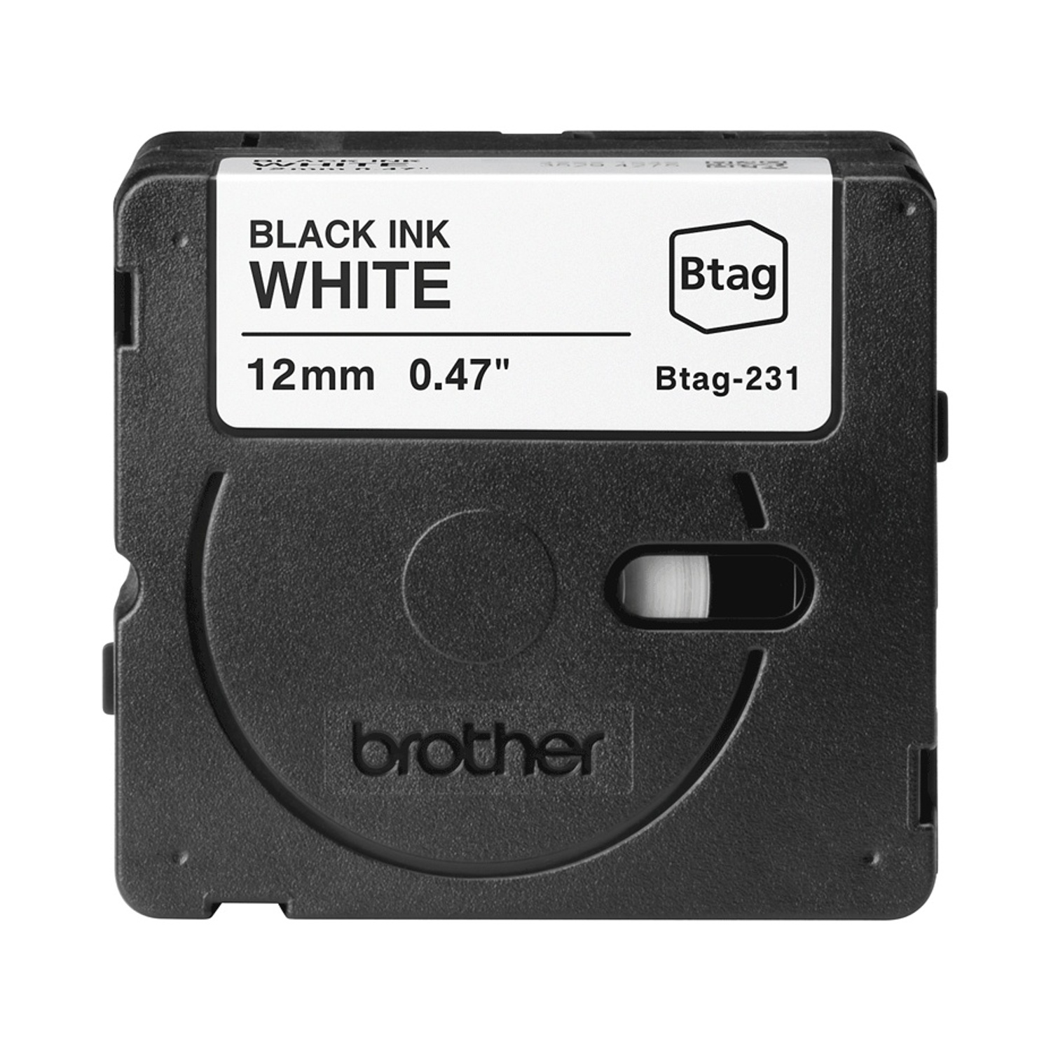 Inchiostro nero su nastro bianco, 12mm. Cassetta Brother Btag-231.