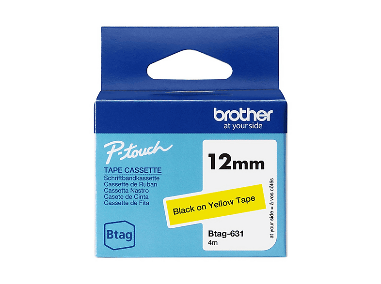 BROTHER BTAG631, Nastro originale per etichetattrici, Nero su Giallo, Ampiezza 12 mm, Lunghezza 4 m