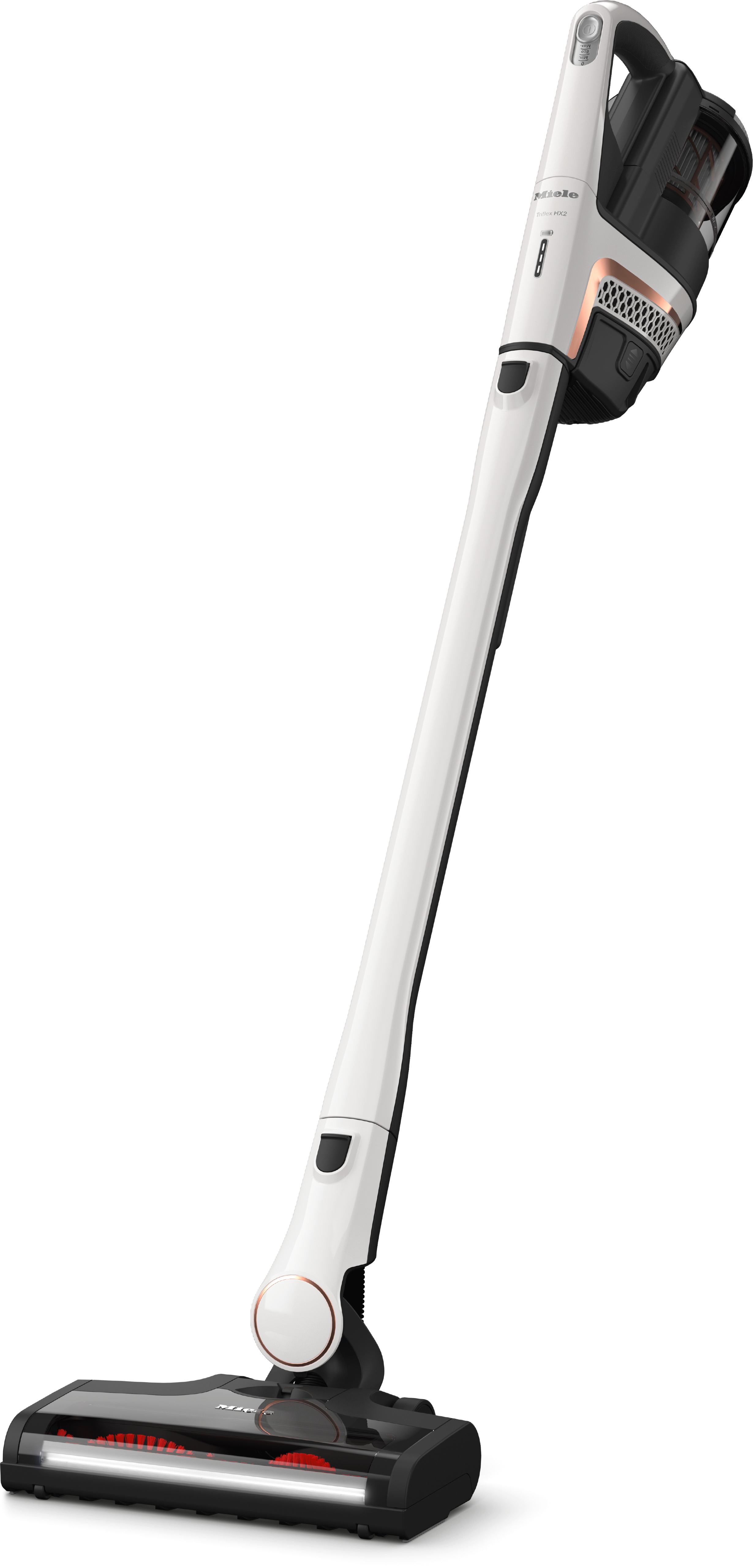 Ein weißer Miele Triflex HX2 Akku-Staubsauger mit schwarzem Bodenteil und Bürste.
