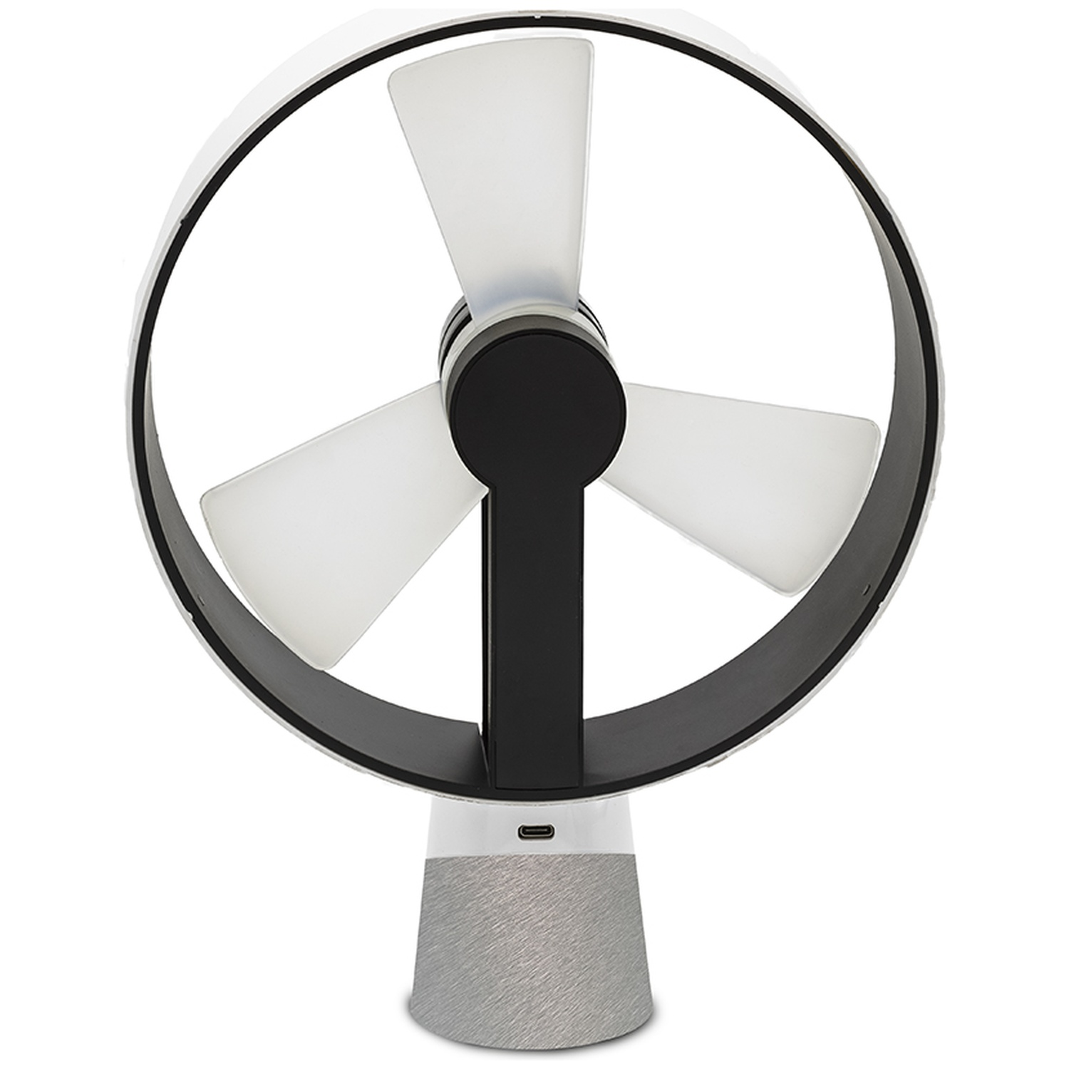 Een wit en zwarte ventilator met drie doorschijnende bladen op een grijze voet.