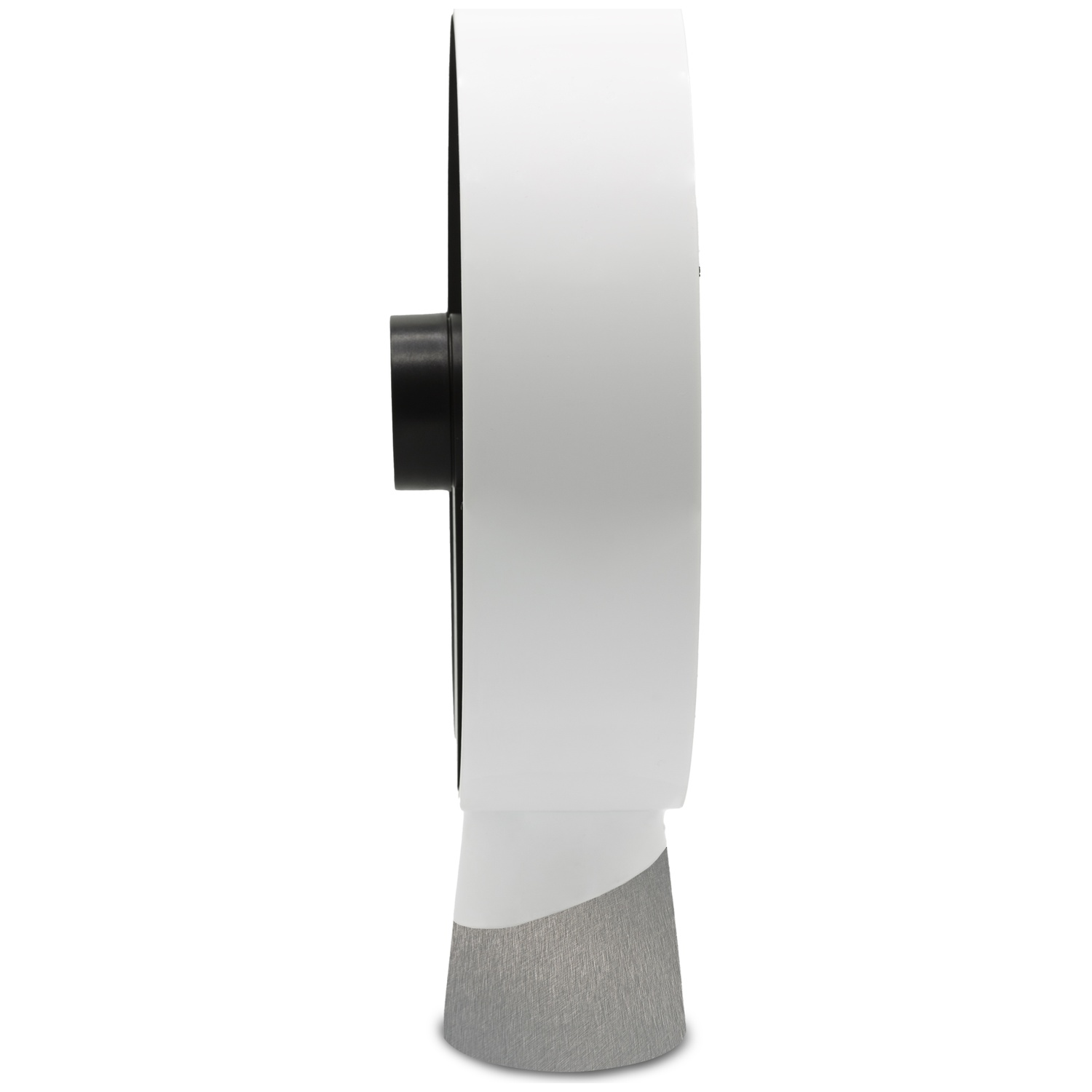 Een witte cilinder met zwarte connector op grijze voet.