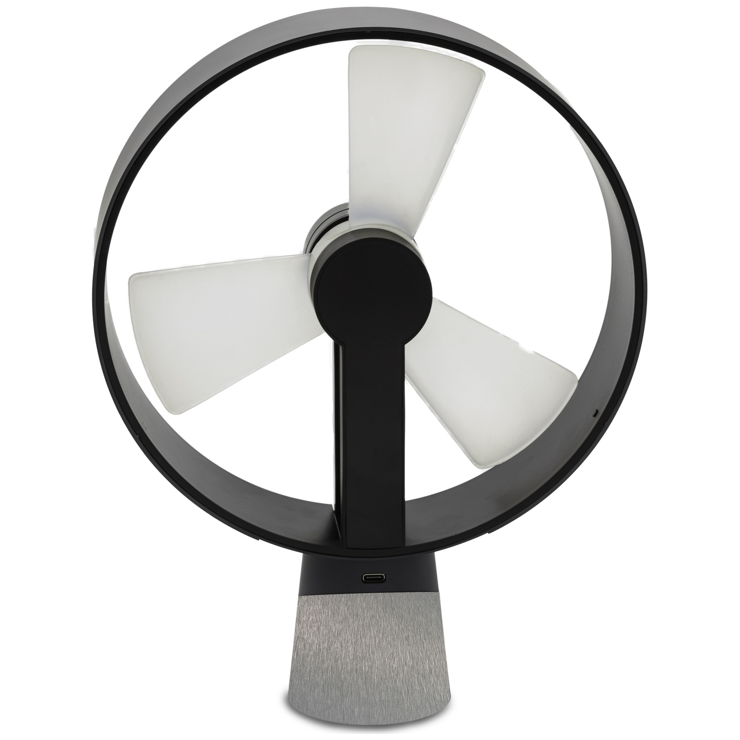 Een moderne, ronde ventilator met drie witte bladen op een zwarte standaard.