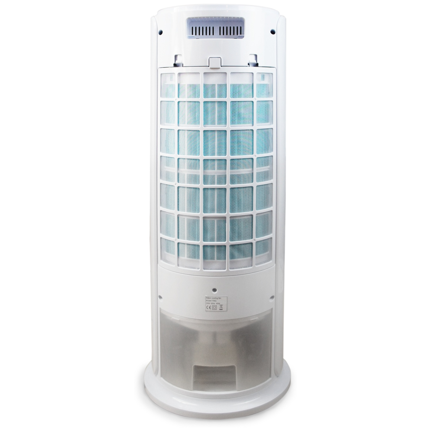 Witte torenventilator met blauwe koelpads en een zichtbaar waterreservoir aan de basis.