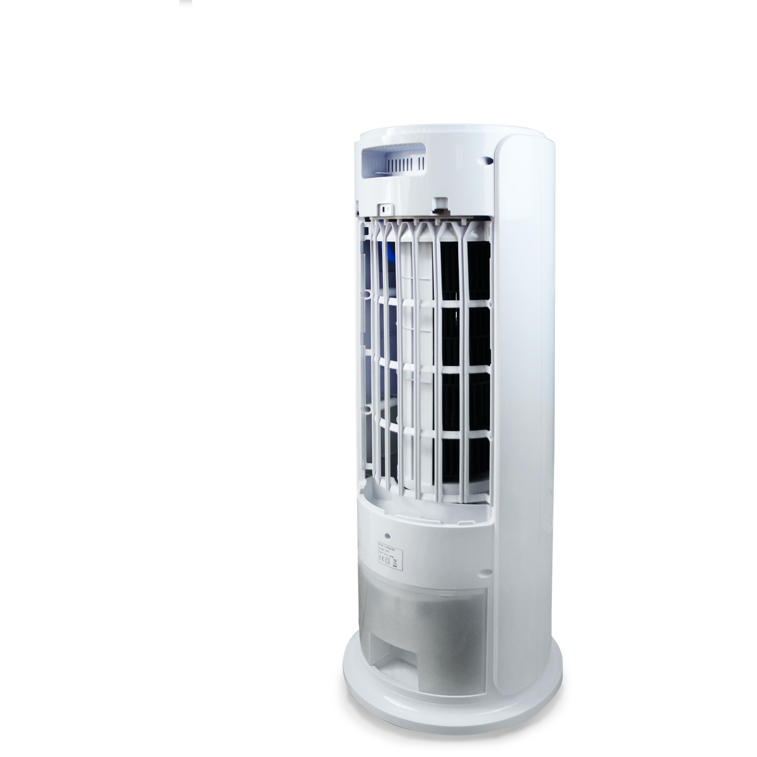 Een witte torenventilator met een transparante watertank aan de voet.