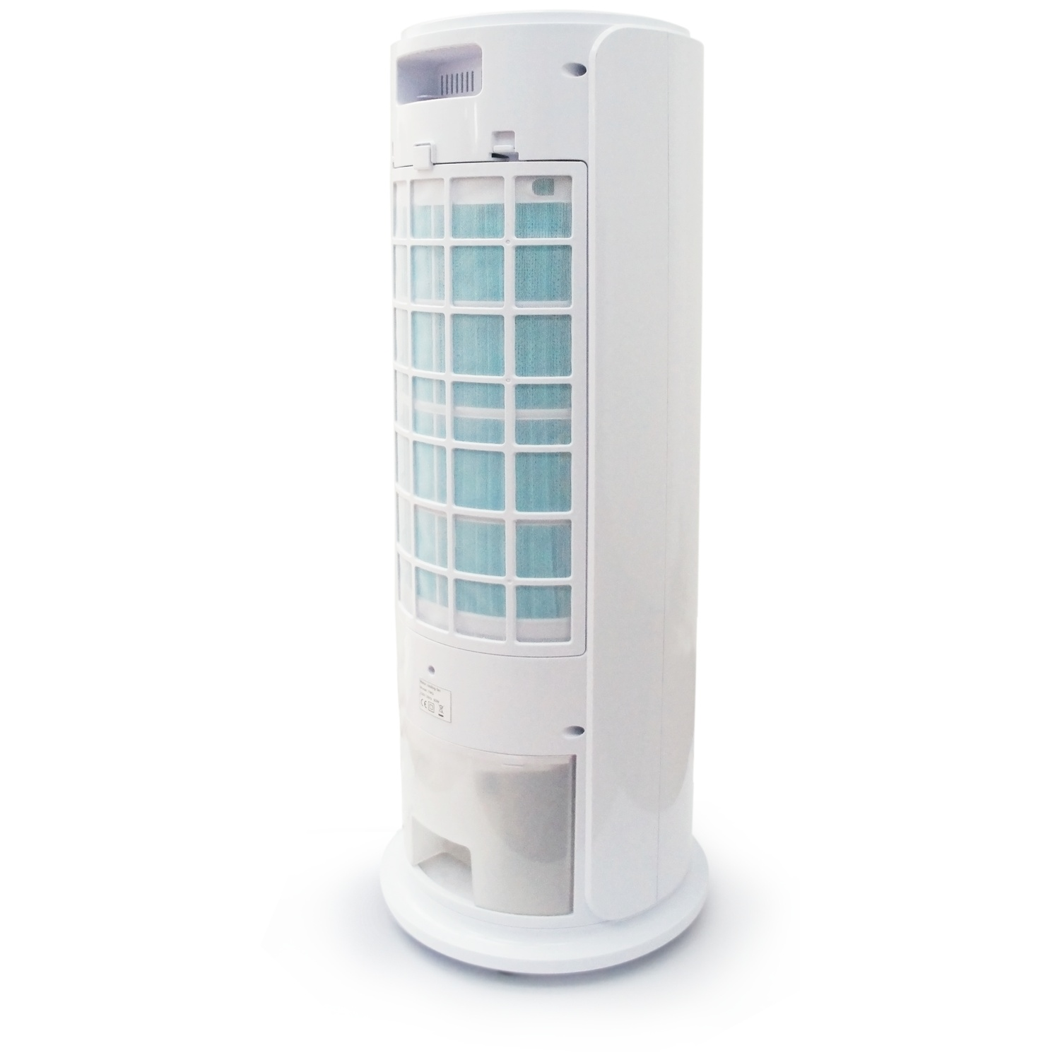 Witte torenventilator met blauwe filters en zilveren voet.