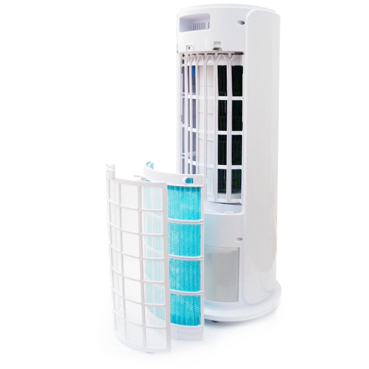 Witte torenventilator met losgekoppelde blauwe filterpanelen voor reiniging.
