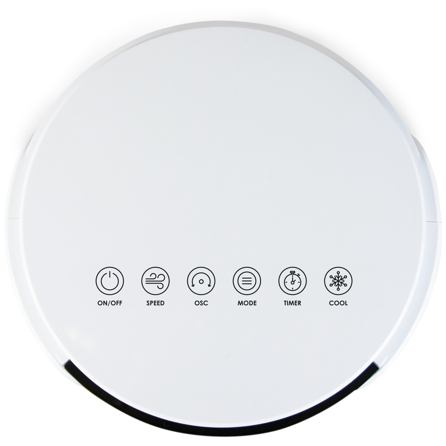 Wit rond bedieningspaneel met symbolen: Aan/Uit, Snelheid, Oscillatie, Modus, Timer, Koelen.