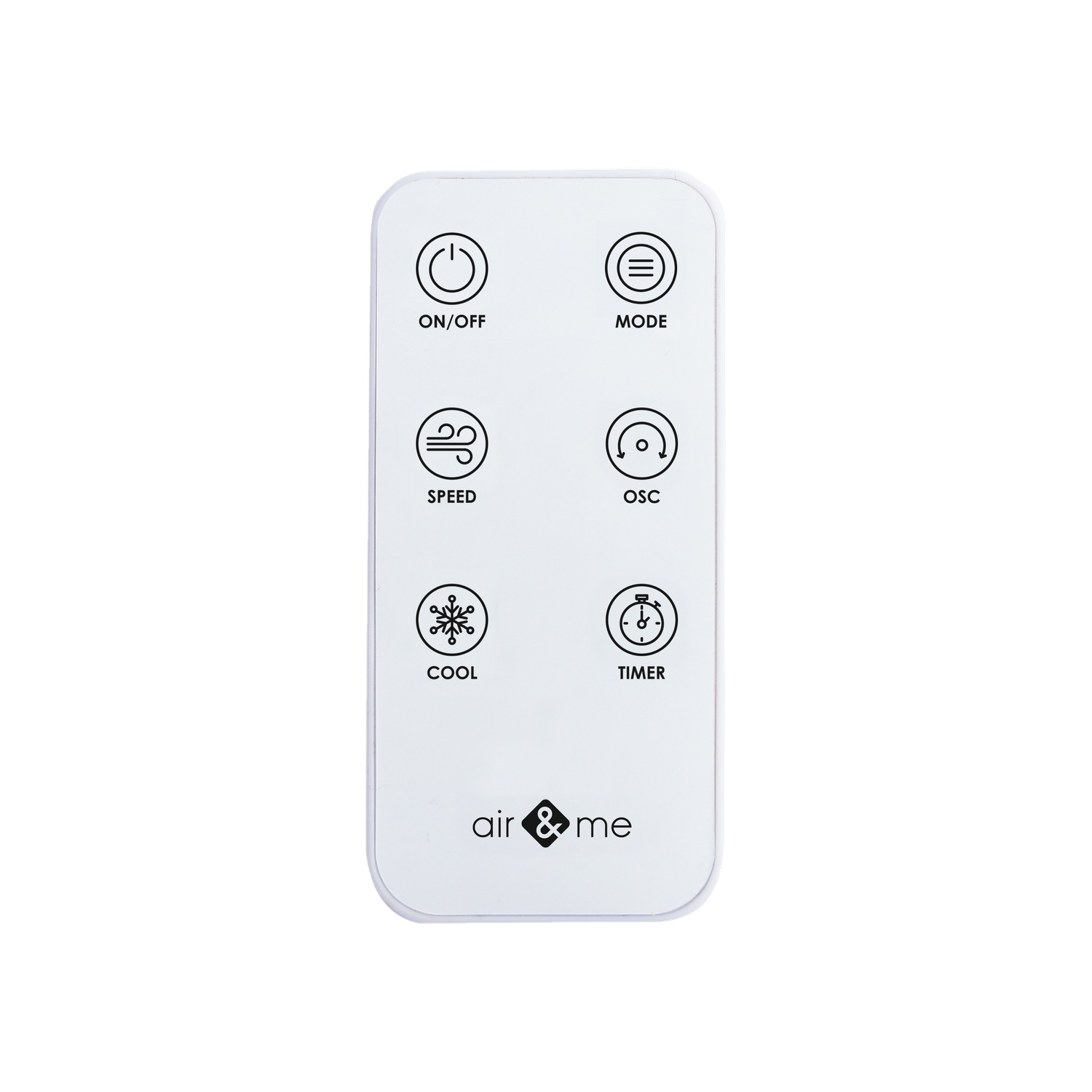 Witte afstandsbediening met pictogrammen voor aan/uit, modus, snelheid, oscillatie, koelen en timer.