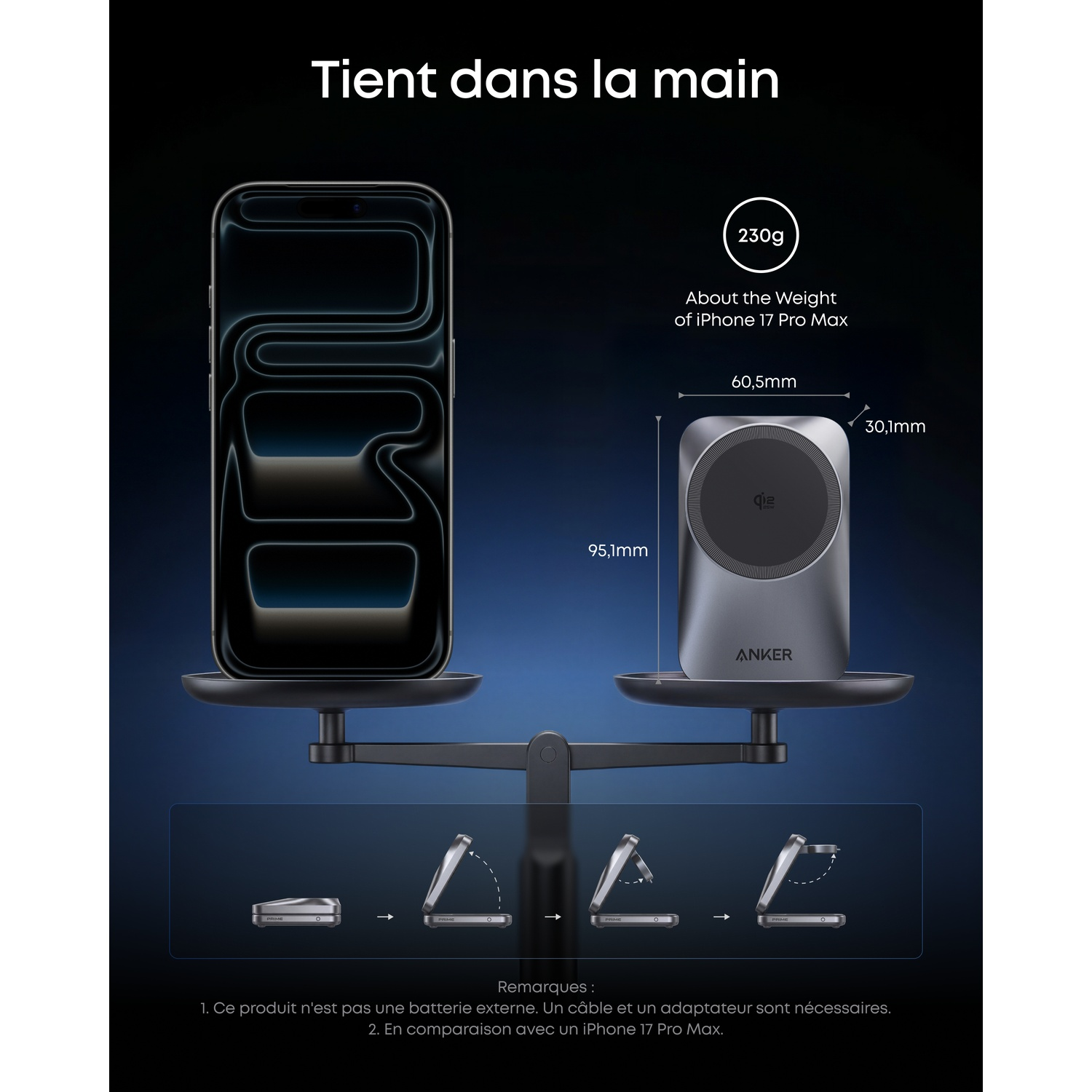 Een weegschaal toont een iPhone en een Anker-oplader. De oplader weegt 230g.