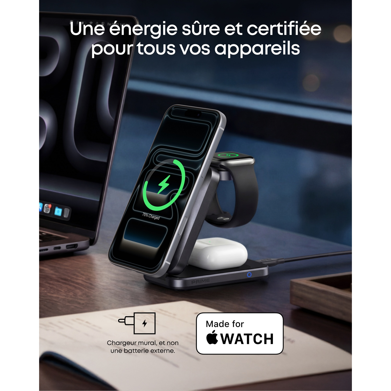 Een oplaadstandaard met iPhone, Apple Watch en AirPods. Met tekst.
