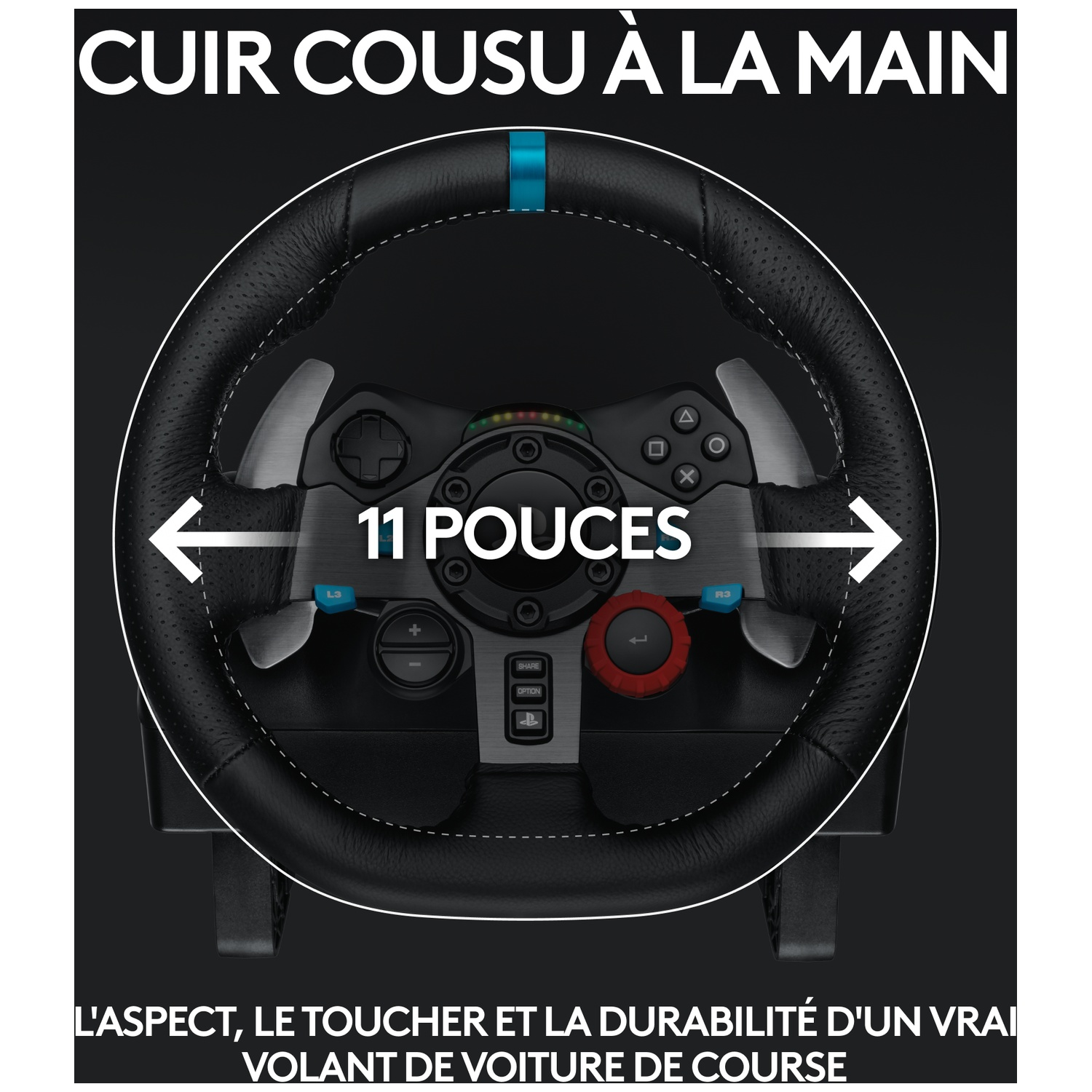 Volant de course en cuir noir avec accents bleus, 11 pouces de diamètre.