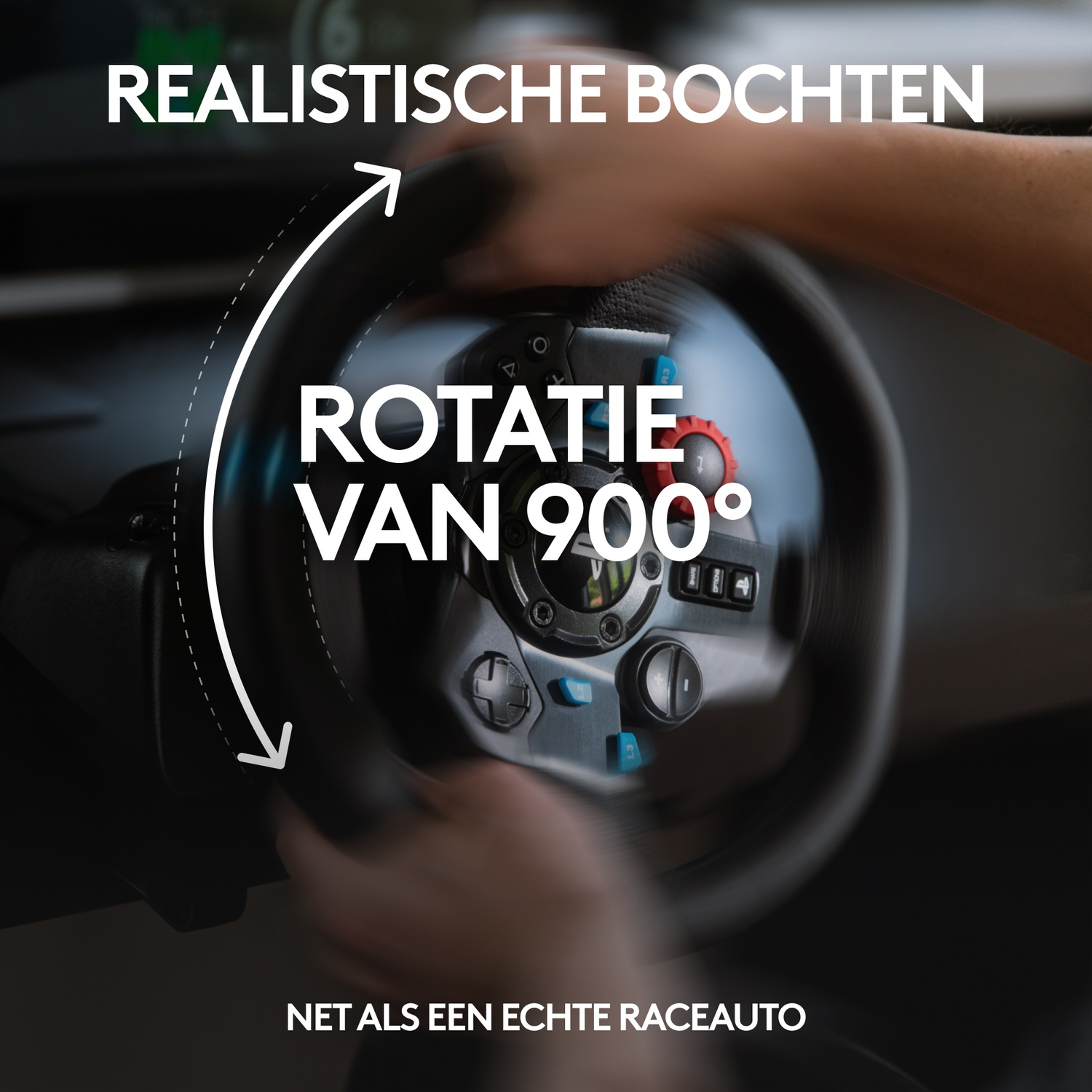 Close-up of a racing steering wheel with 900 degrees rotation, feeling like a real car.