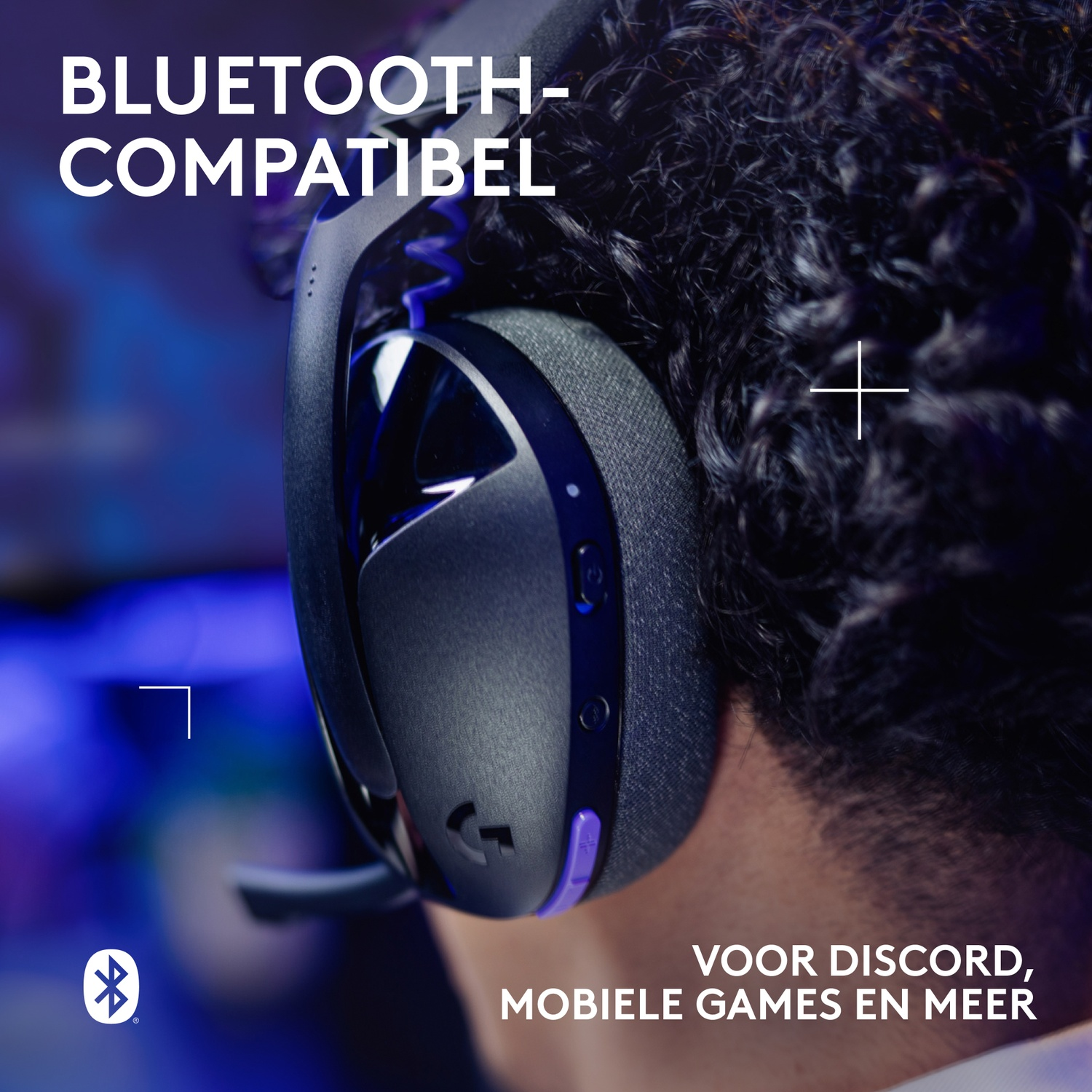 A man wears a headset with a microphone, blue lighting, Bluetooth symbol.