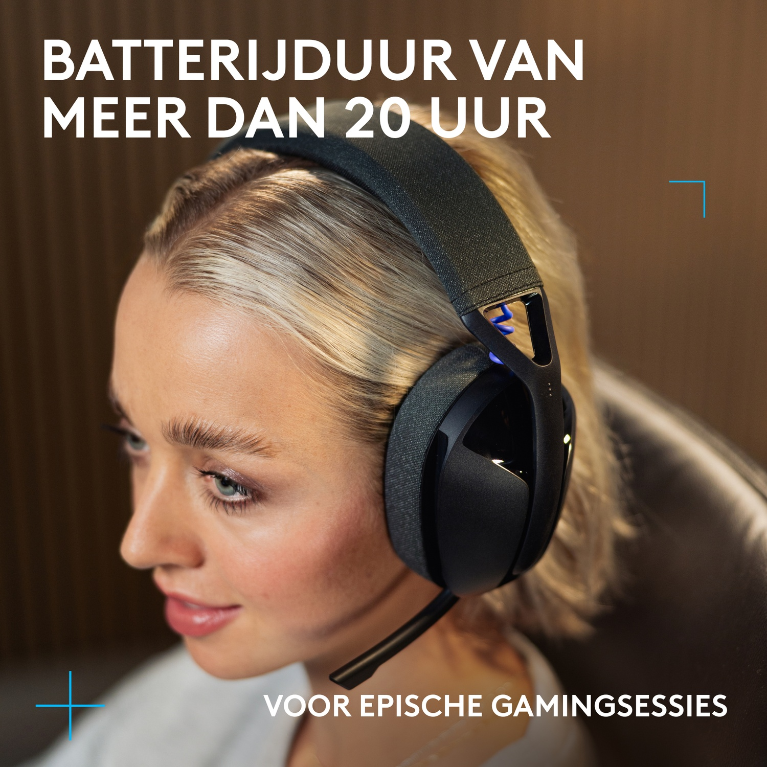 Young woman wearing headphones, text about battery life and gaming.