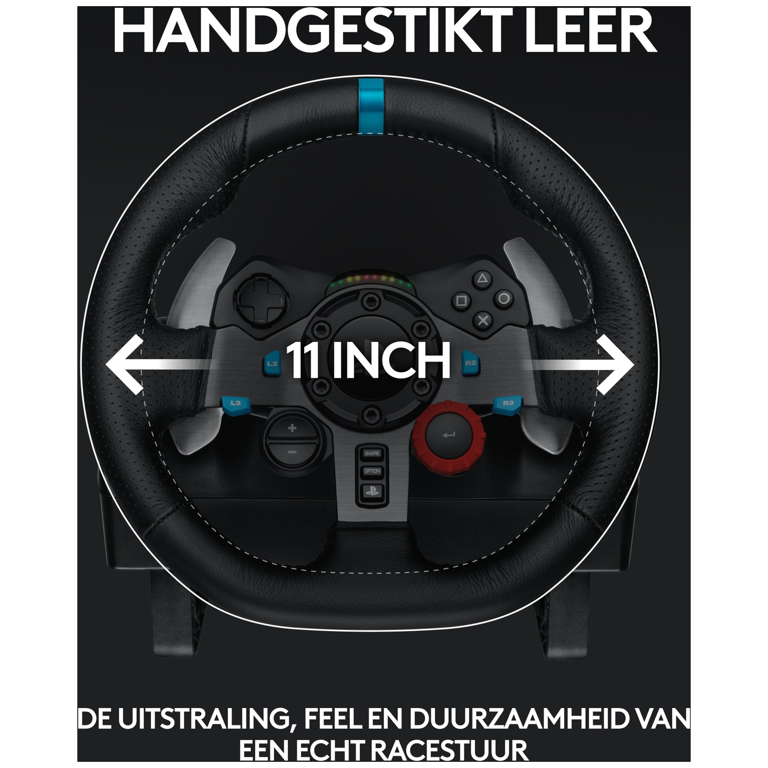 A black 11-inch steering wheel with blue accents and control buttons.