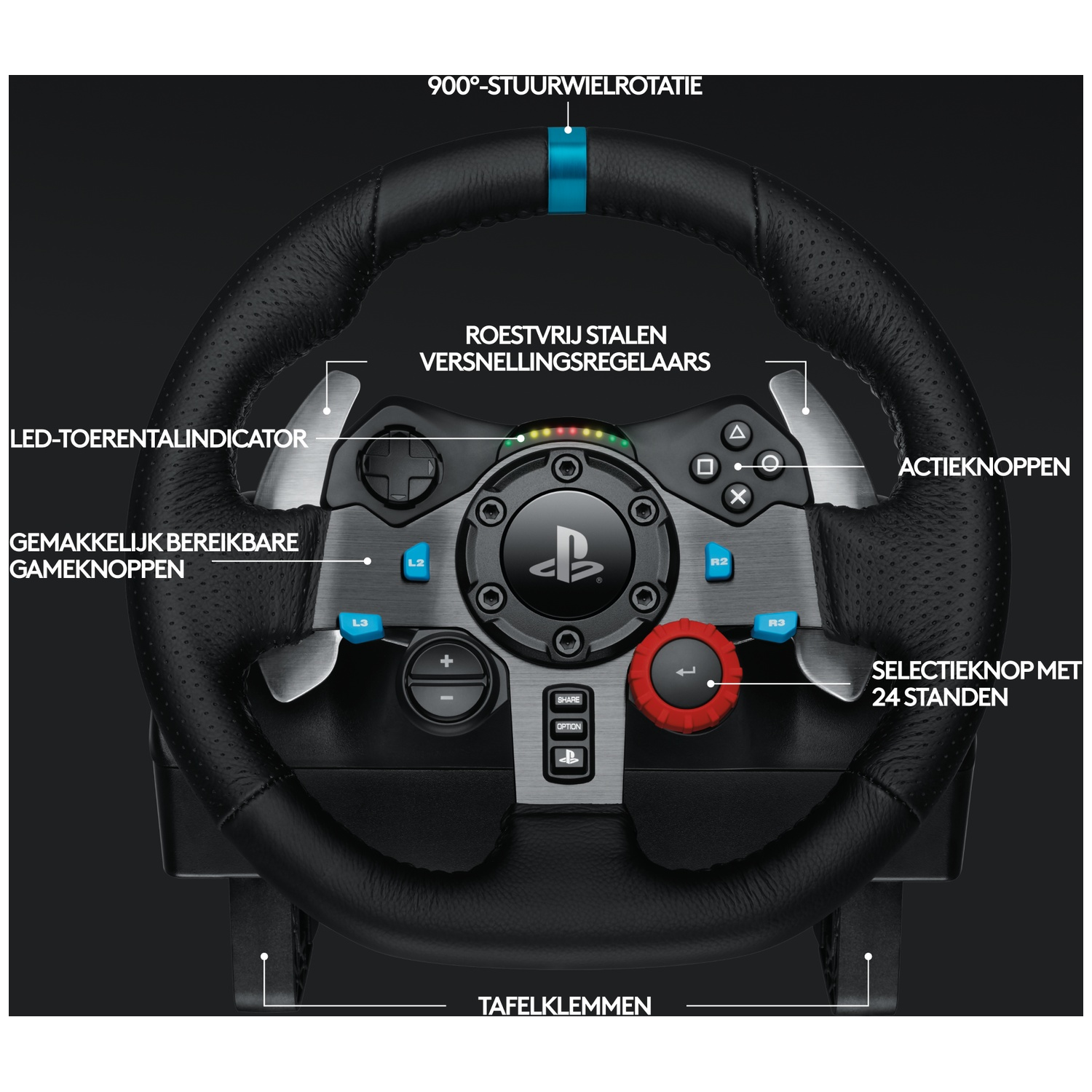 A racing wheel with buttons, LEDs, and a red dial on a black background.