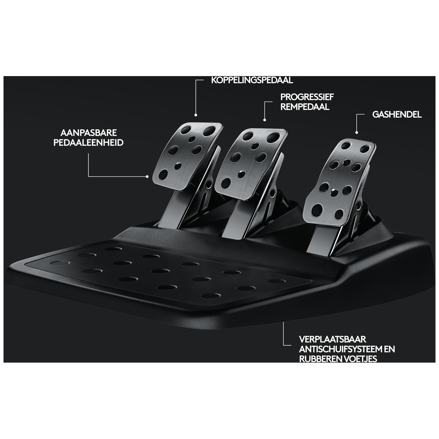 A pedal set with clutch, brake, and gas. Adjustable with anti-slip rubber feet.