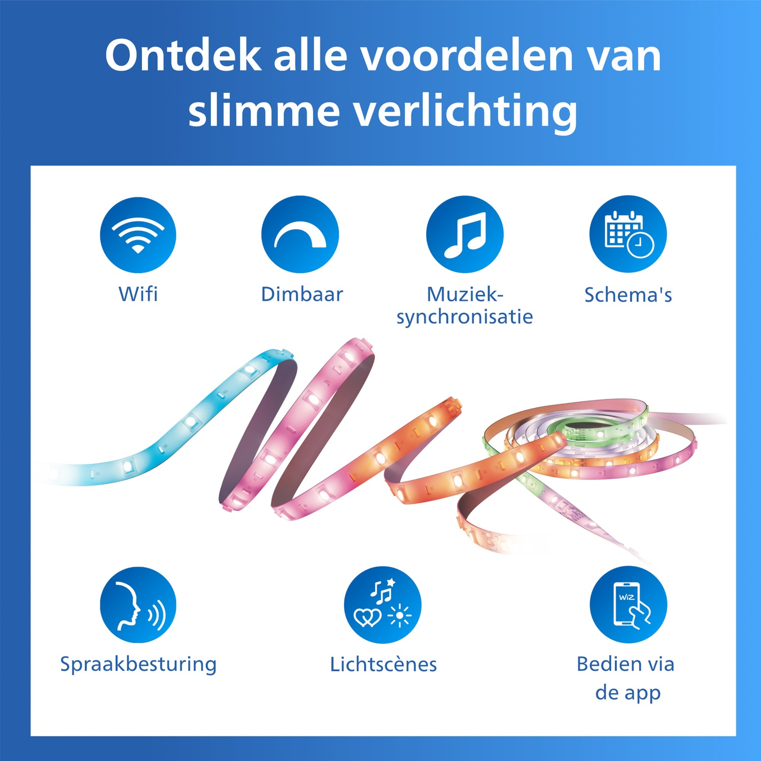 Wifi, dimbaar, muziek sync, schema's, spraakbesturing, scènes, app.
