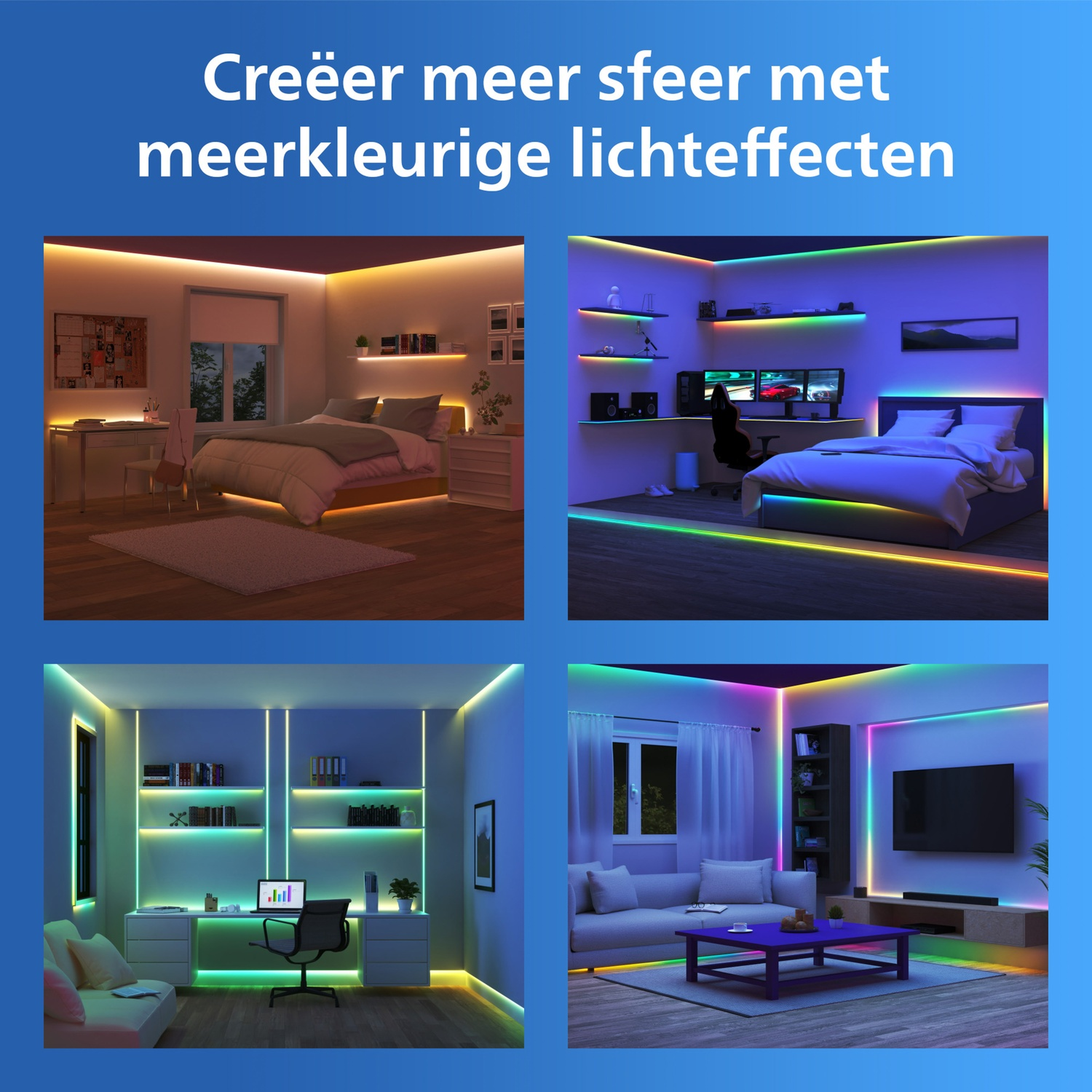 Vier kamers verlicht met kleurrijke LED-strips: slaapkamer, gameroom, kantoor en woonkamer.