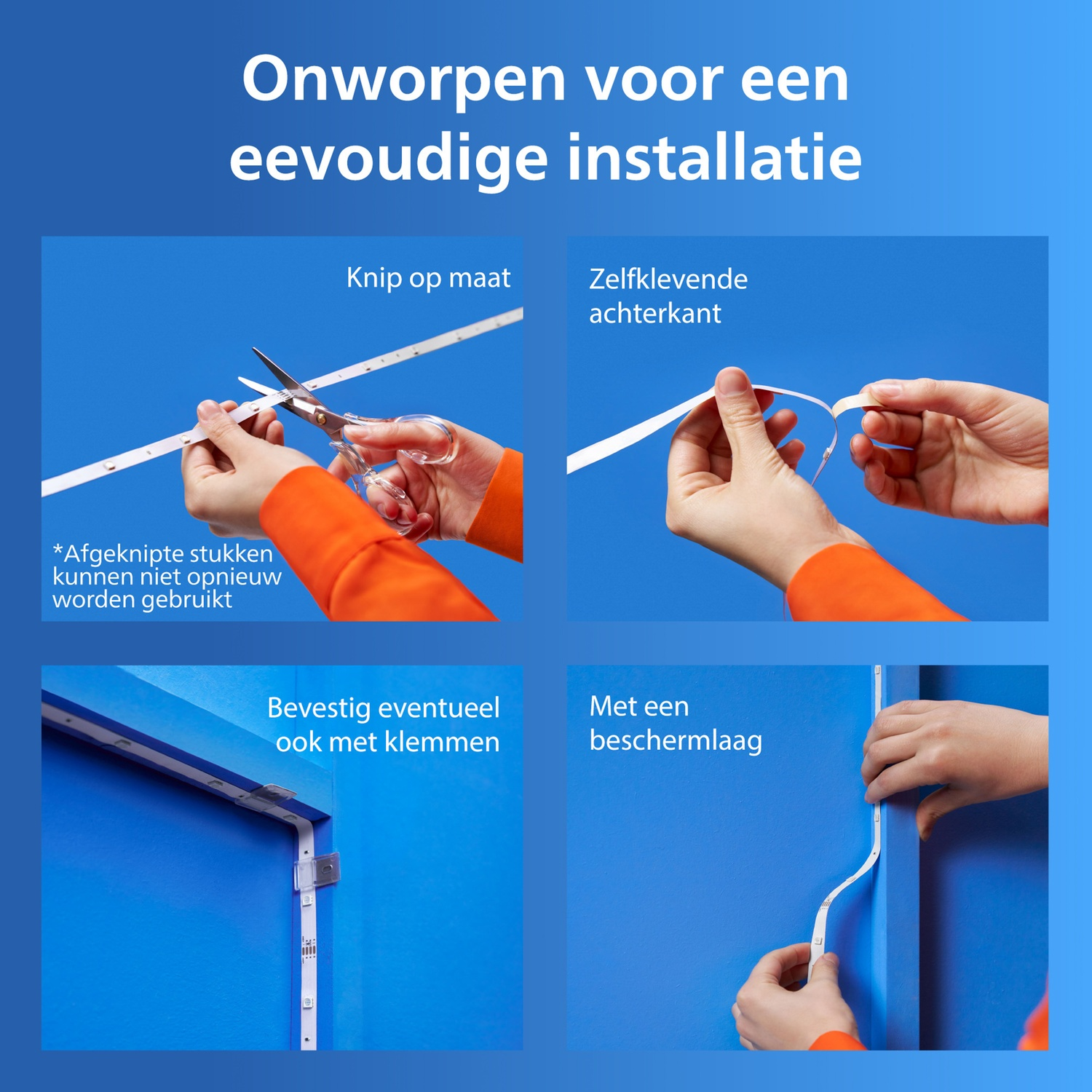 Instructies: LED-strip knippen, achterkant losmaken, bevestigen met clips.