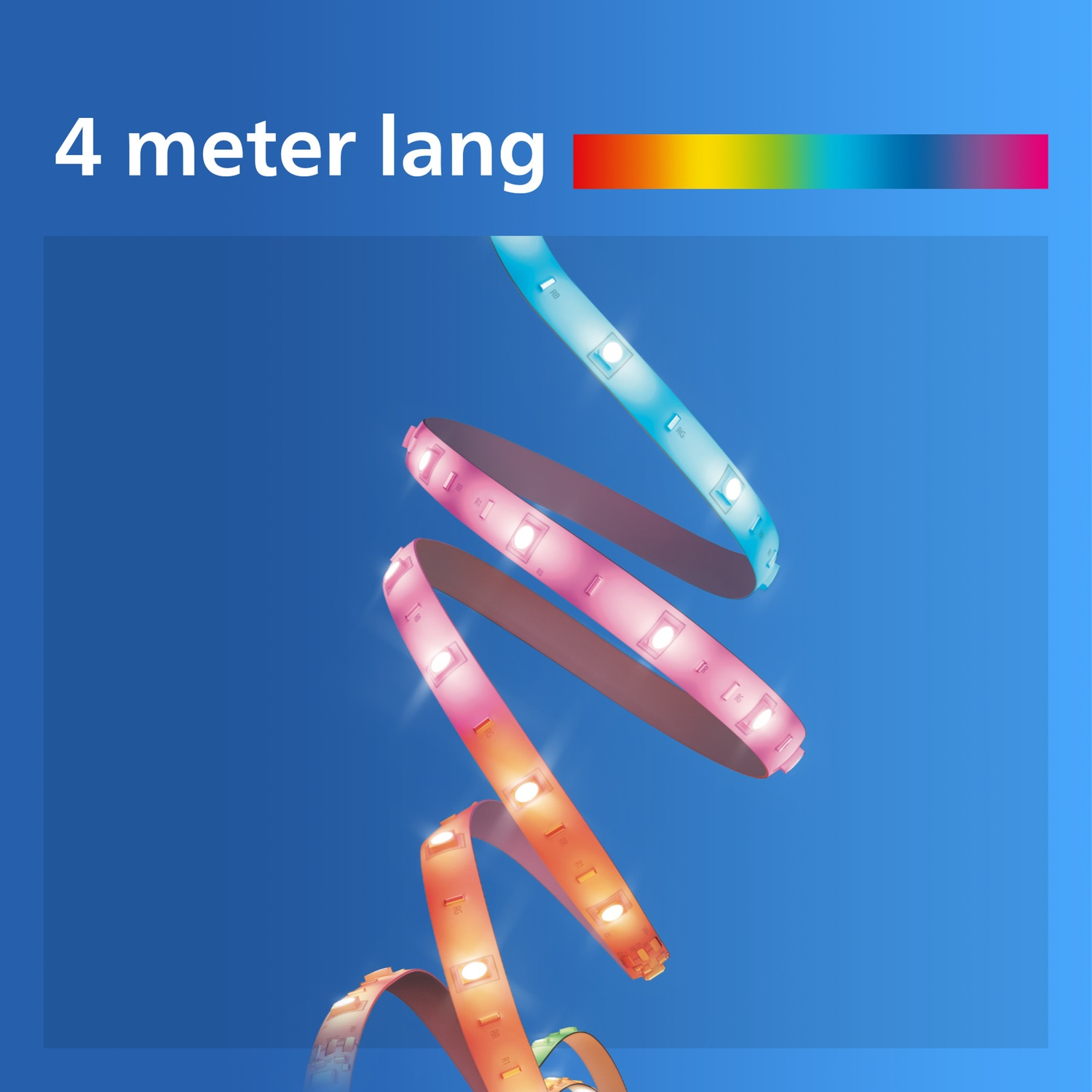 Een 4 meter lange LED-strip toont een regenboogverloop tegen een blauwe achtergrond.