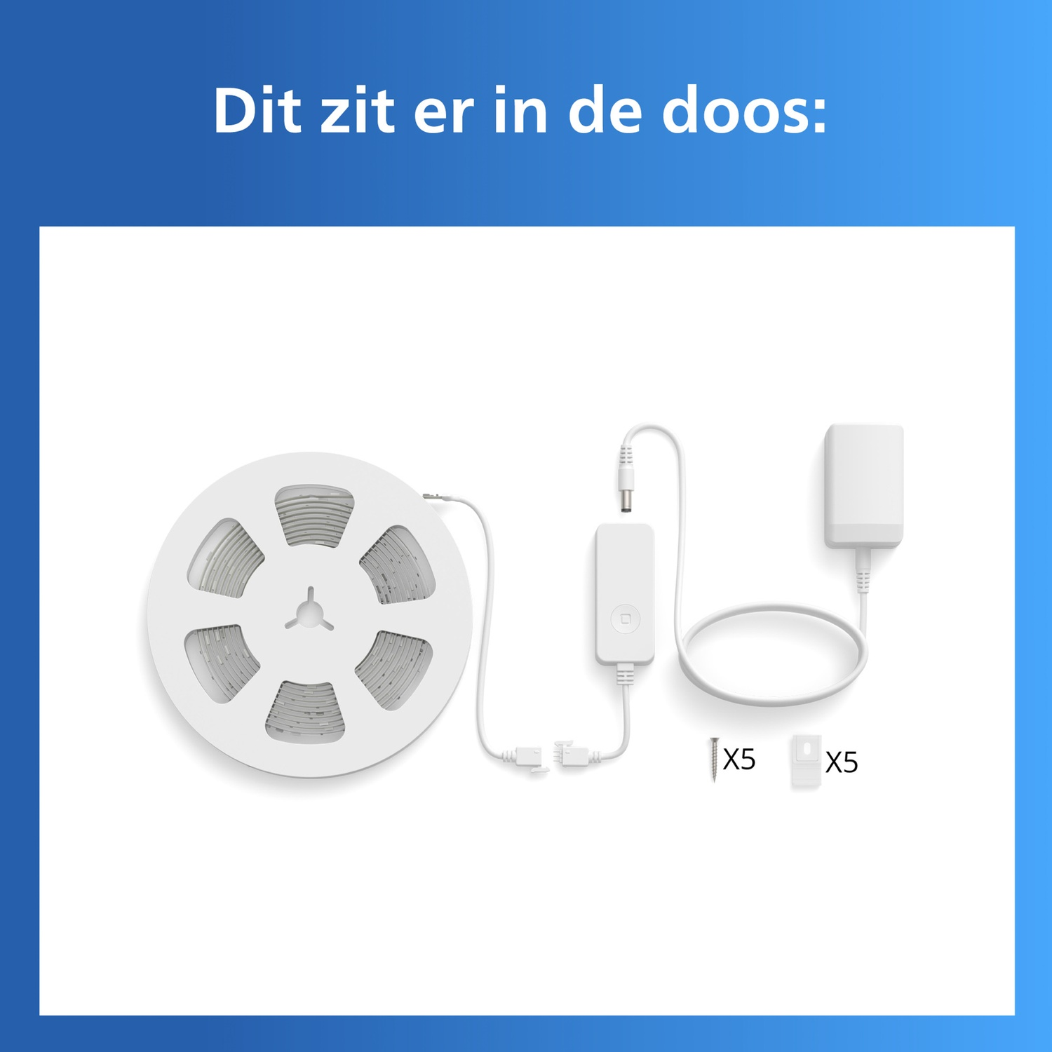 Een rol LED-strip, controller, voedingsadapter en schroeven.