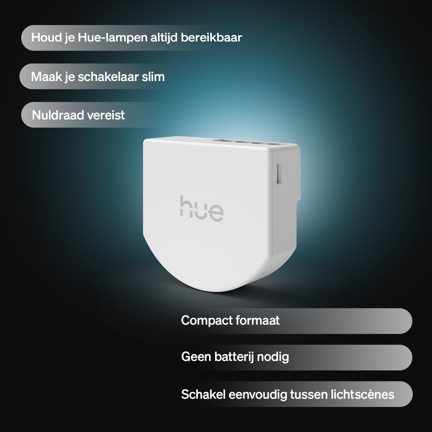Interrupteur Hue blanc avec texte. Compact, sans fil, pas de batterie.