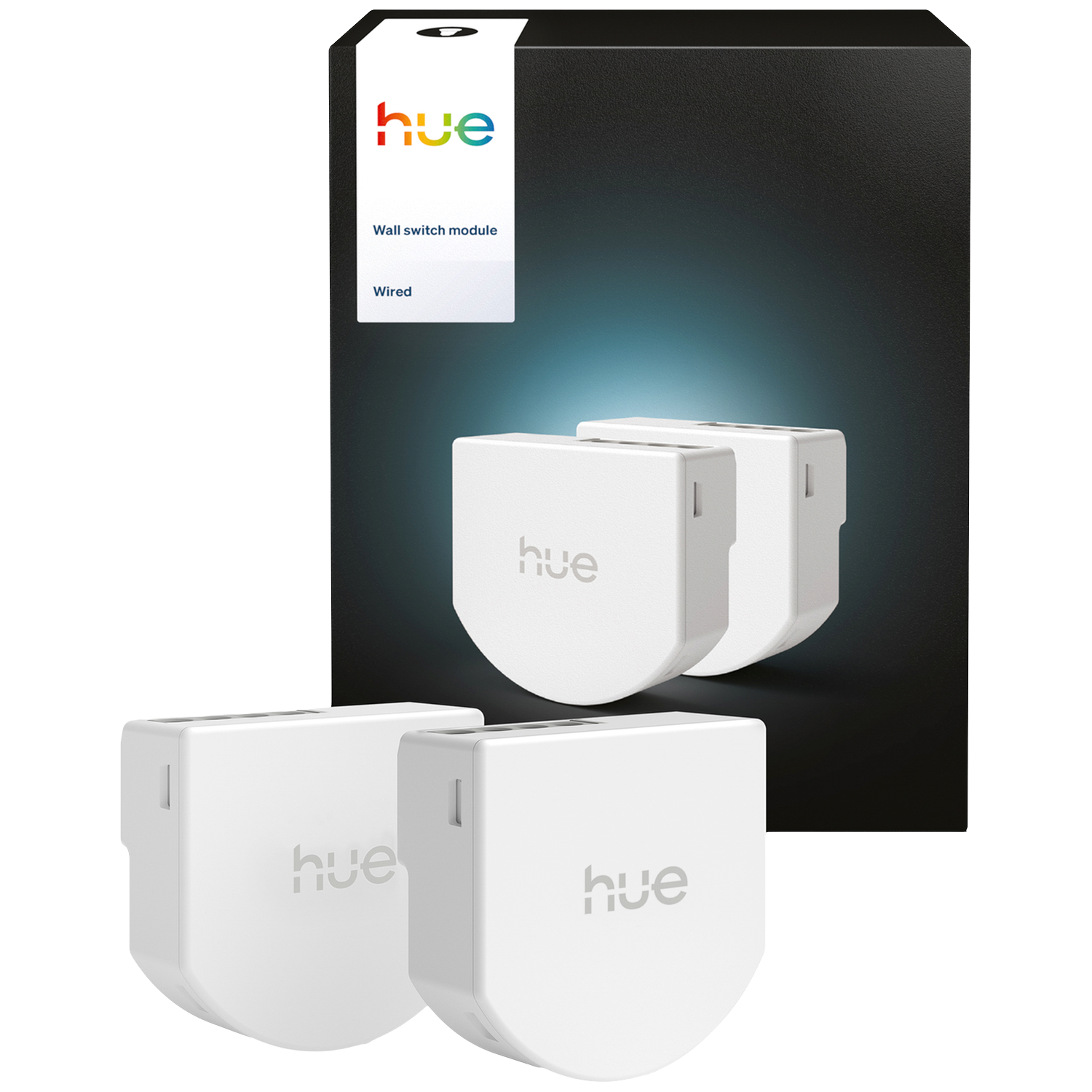 Modules d'interrupteur mural Hue blancs devant une boîte noire avec logo Hue.