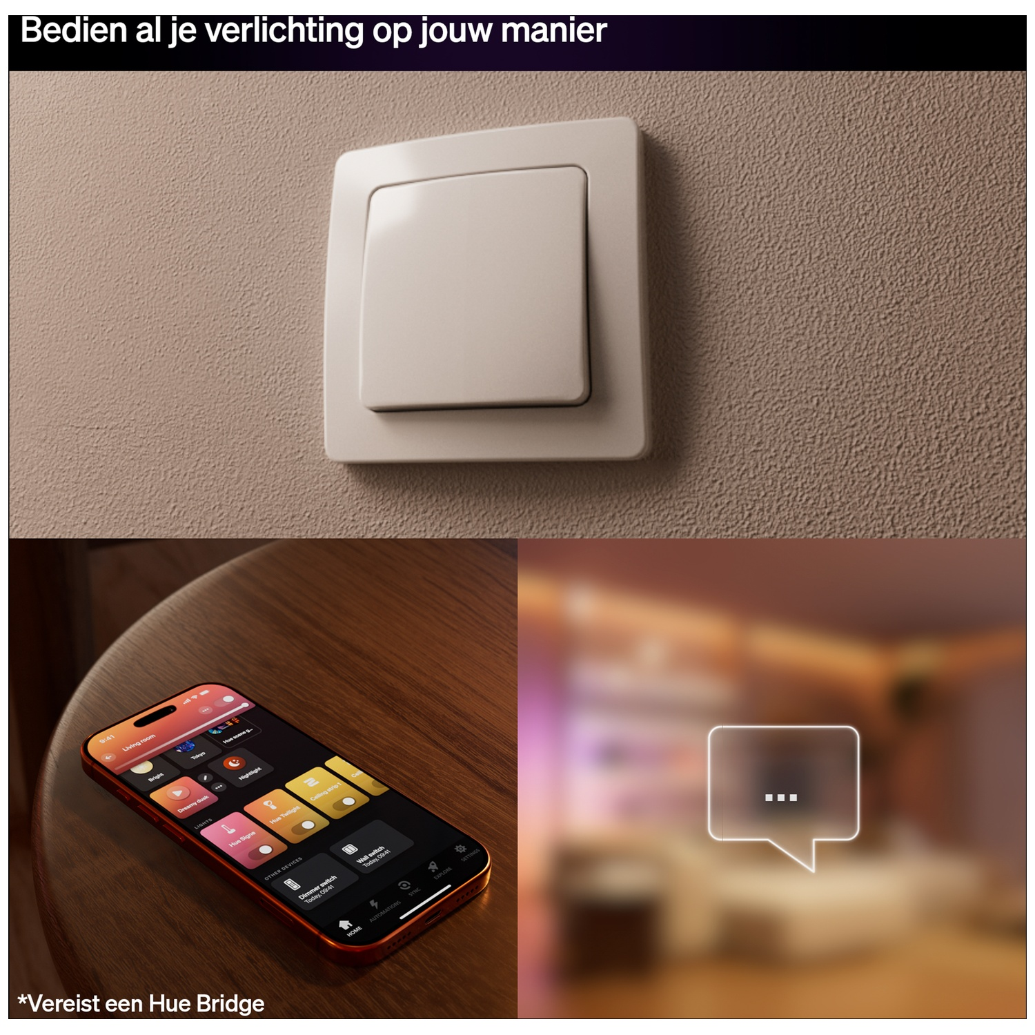 Un interrupteur beige sur un mur, à côté d'un smartphone affichant une application de contrôle d'éclairage.