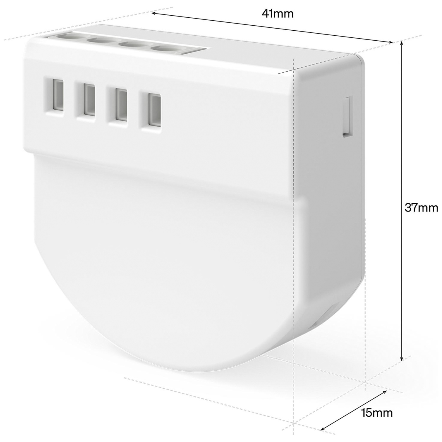 Un appareil blanc pour maison connectée avec quatre fentes en haut, mesurant 41x37x15mm.