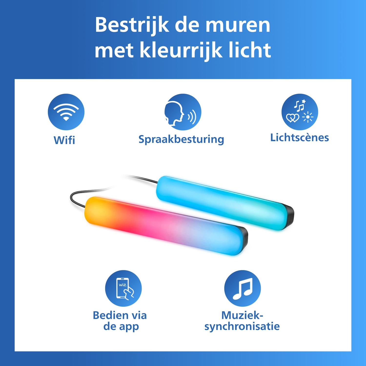 Two light bars, one orange-pink, one blue, with icons for Wifi, voice control, light scenes.