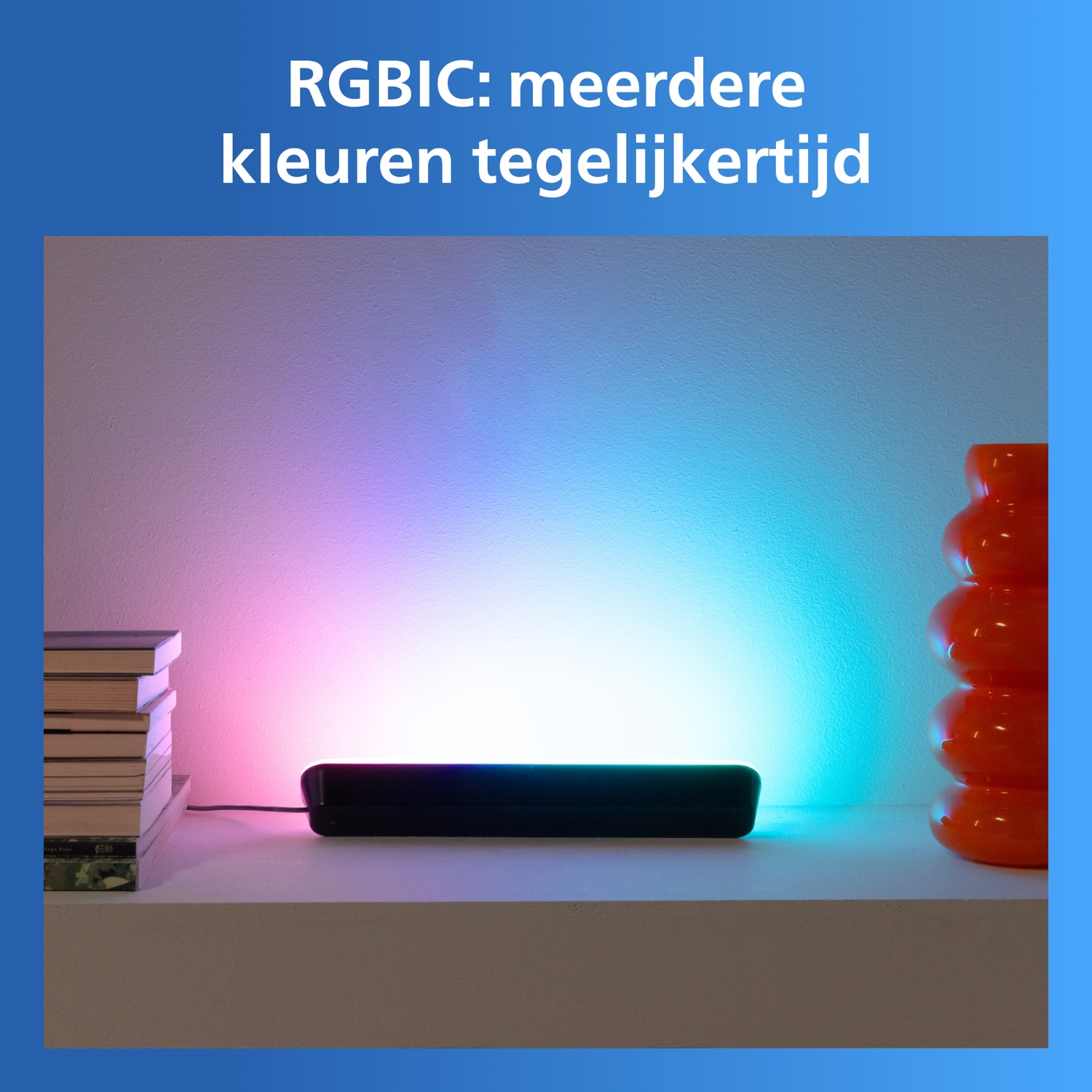 A black light bar glows pink and blue. A stack of books is on the left, an orange vase on the right.