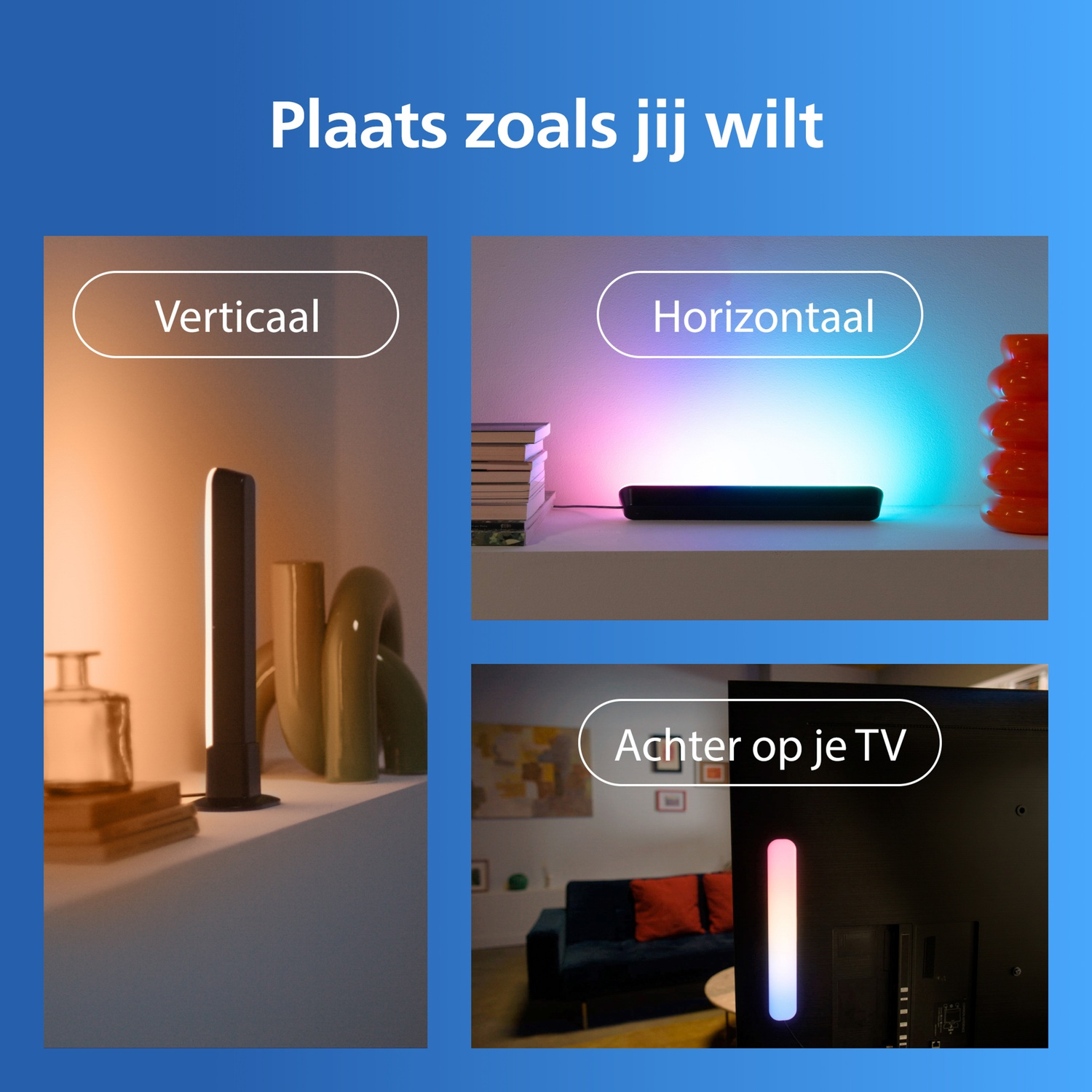 Three ways to place a light bar: vertically, horizontally, and behind a TV.