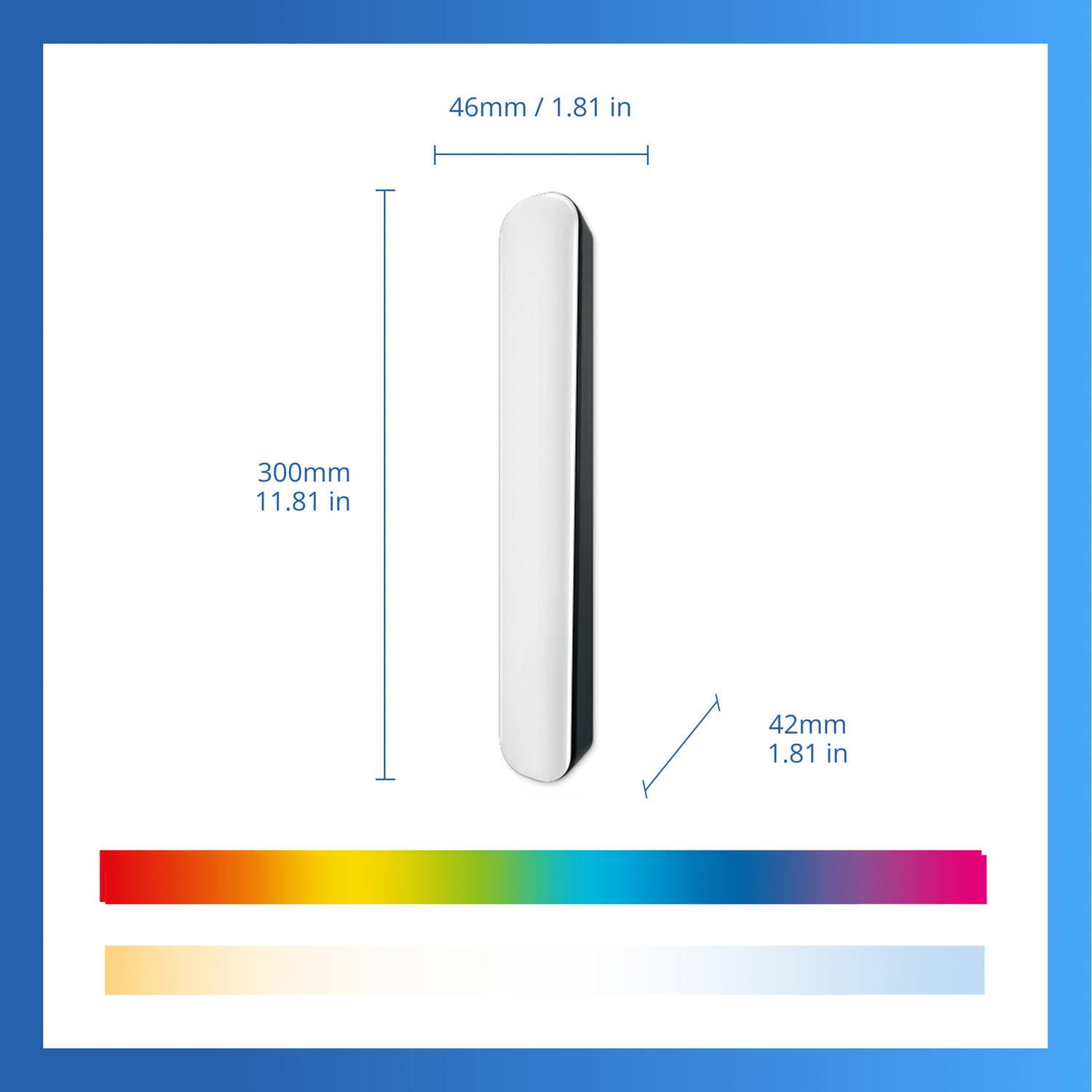 A white bar measuring 300x46x42mm, with color bars beside it.