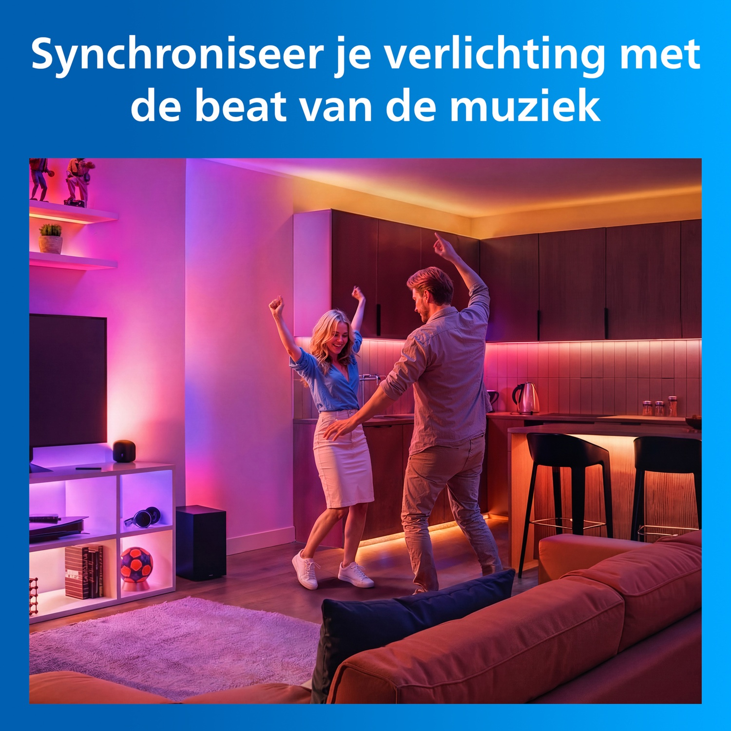 A couple dances in a room with colorful lighting synced to music.