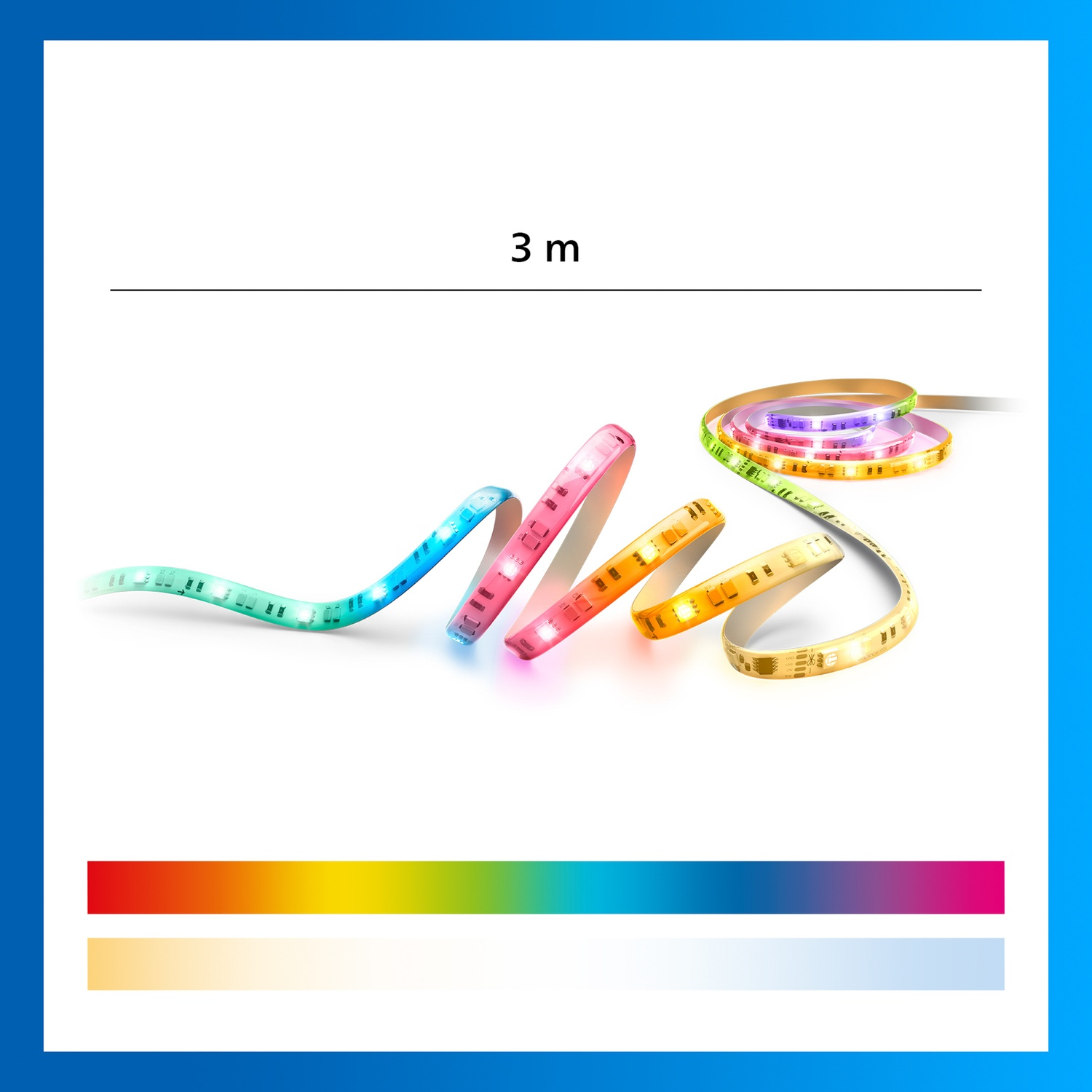 A 3m LED strip displays blue, pink, orange, and yellow lights. Color gradients shown below.
