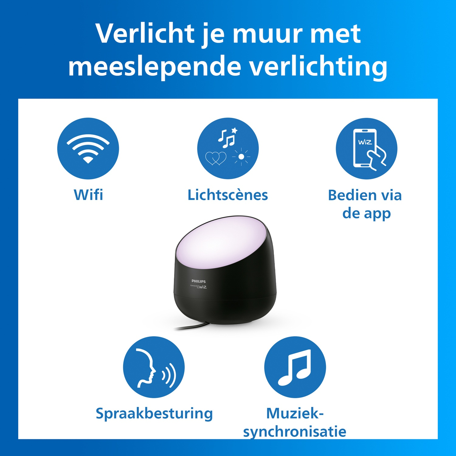 A black, spherical lamp base with a lit top. Icons for Wifi, light scenes, app control, voice control, and music synchronization.