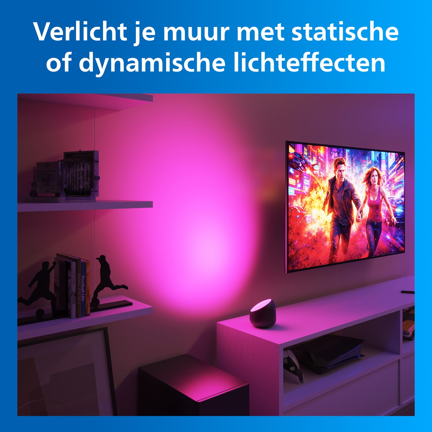 A TV shows an action scene. A shelf displays books and a camera. Pink light illuminates the wall.