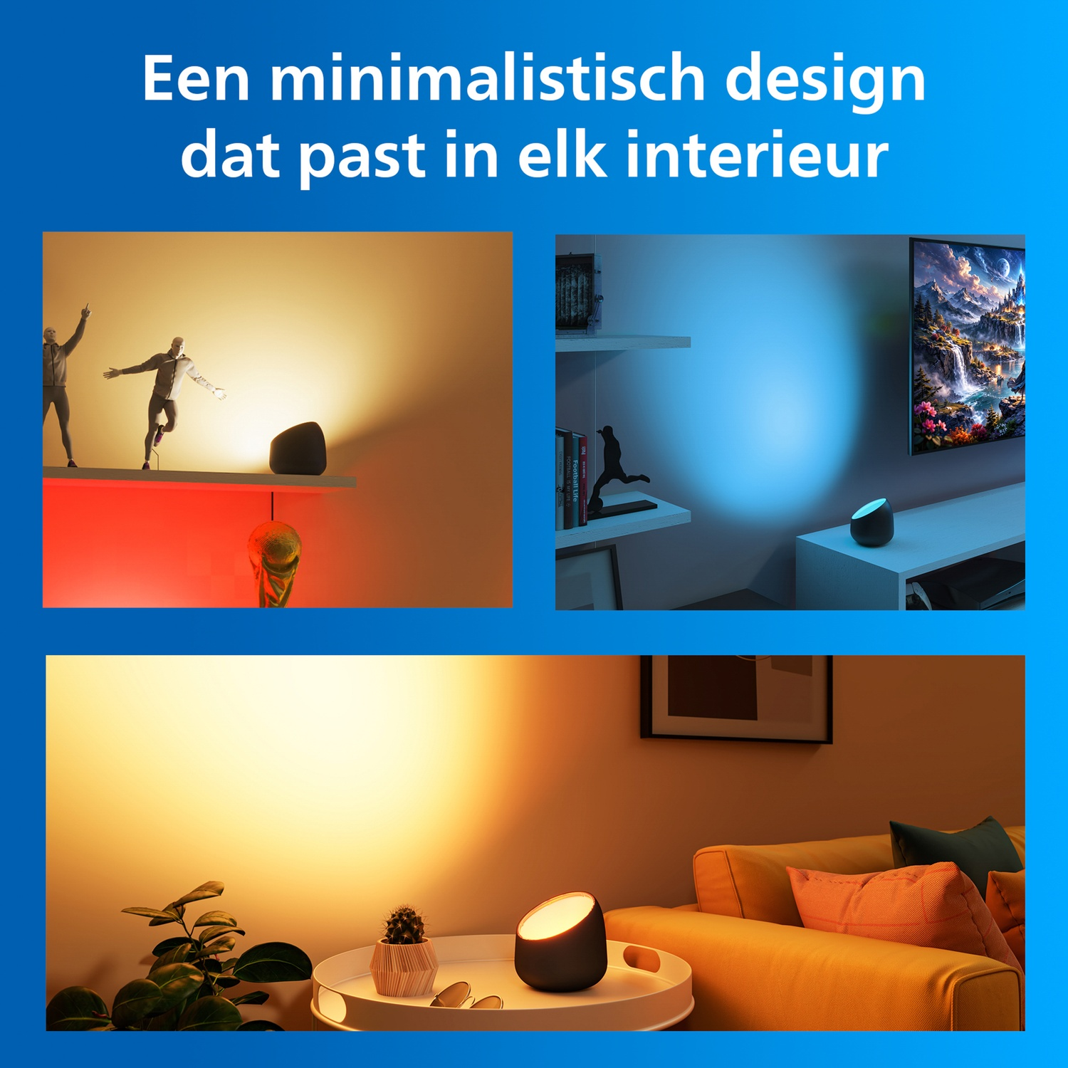 Three scenes: figures lit, a TV with landscape, and a cozy sofa with a lamp.