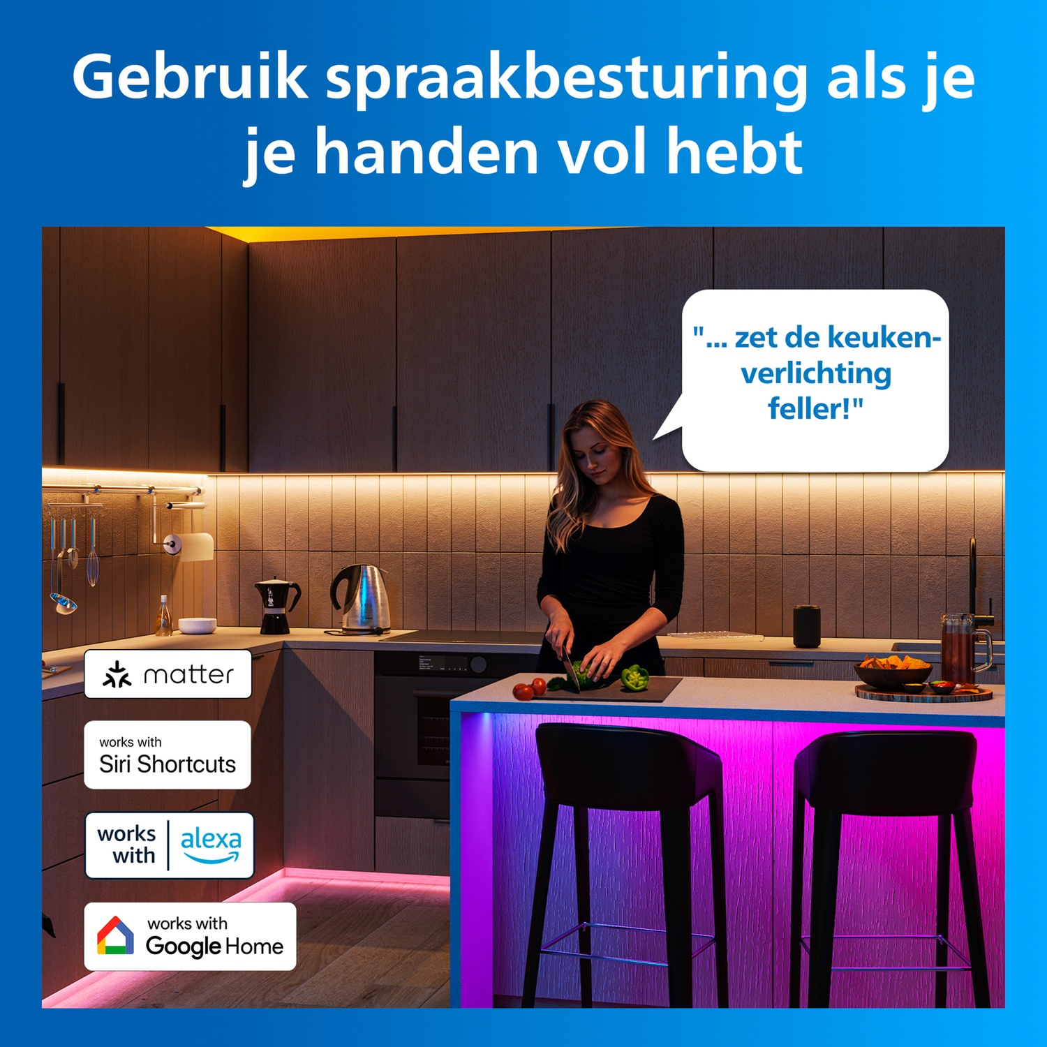 A woman chops vegetables in a modern kitchen compatible with Matter, Siri, Alexa, and Google Home.