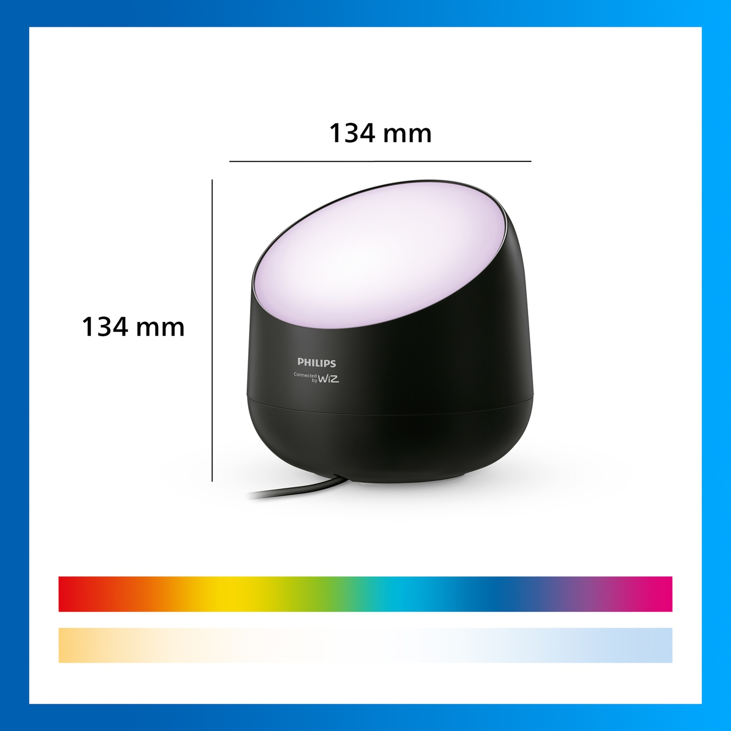 A black Philips Hue lamp, 134mm square, glows with white light.