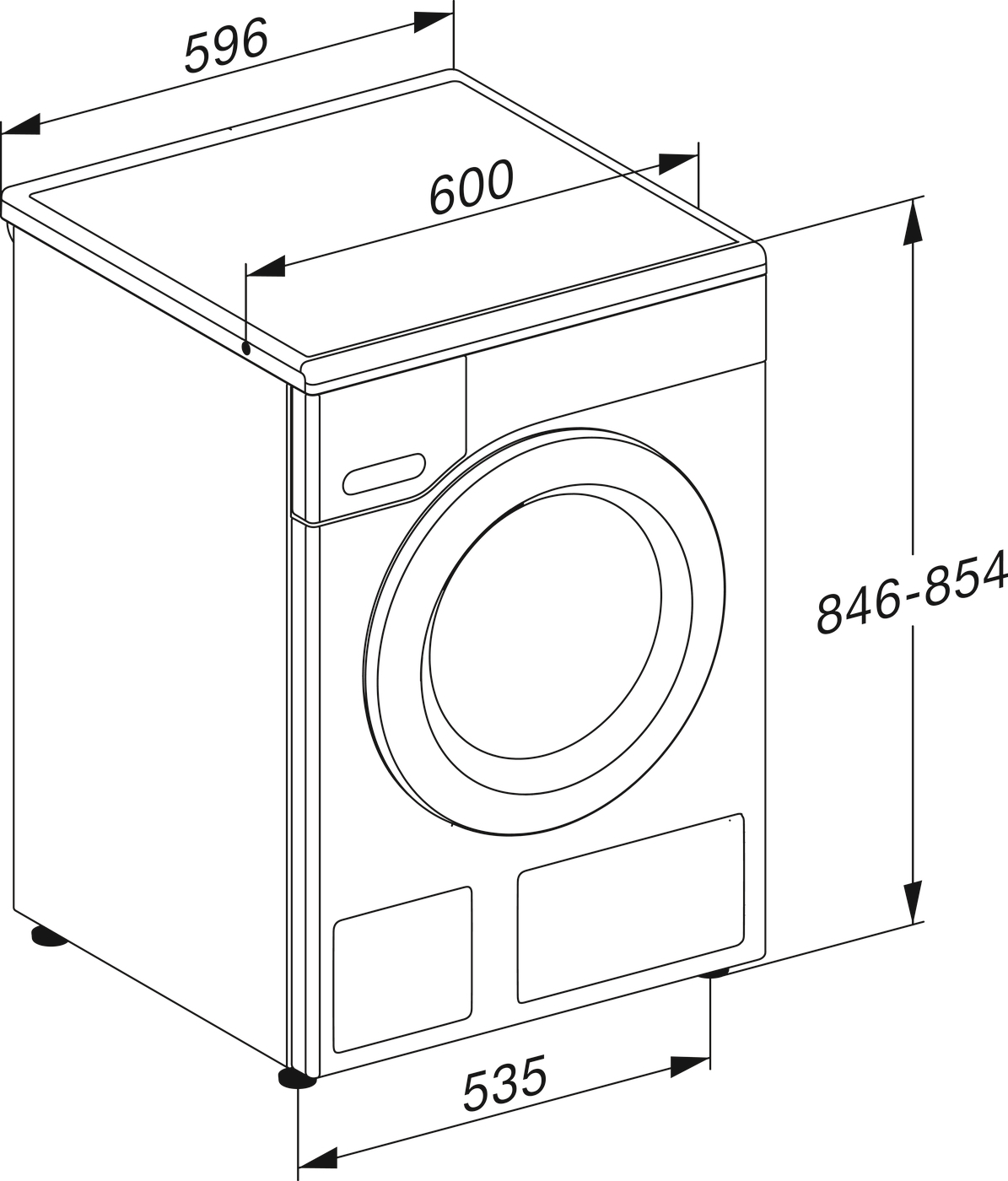 Technische Zeichnung einer Waschmaschine mit Maßangaben: Breite 596, Tiefe 600, Höhe 846-854, Fronttiefe 535.