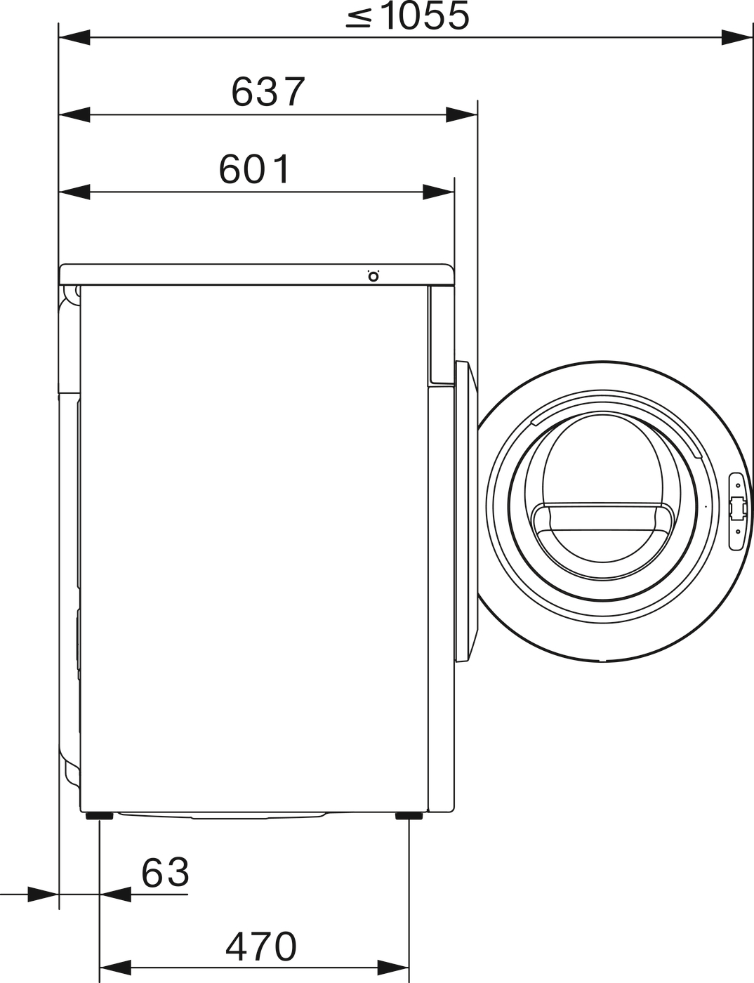 Technische Zeichnung einer Waschmaschine mit Maßen.