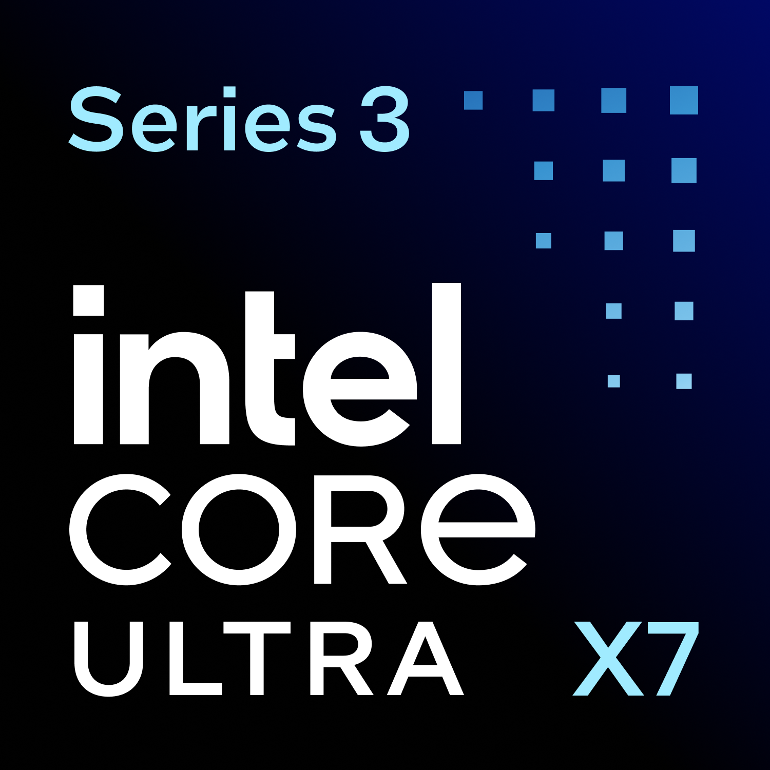 Logotipo Intel Core Ultra X7 Serie 3 con cuadrados azules sobre fondo degradado.