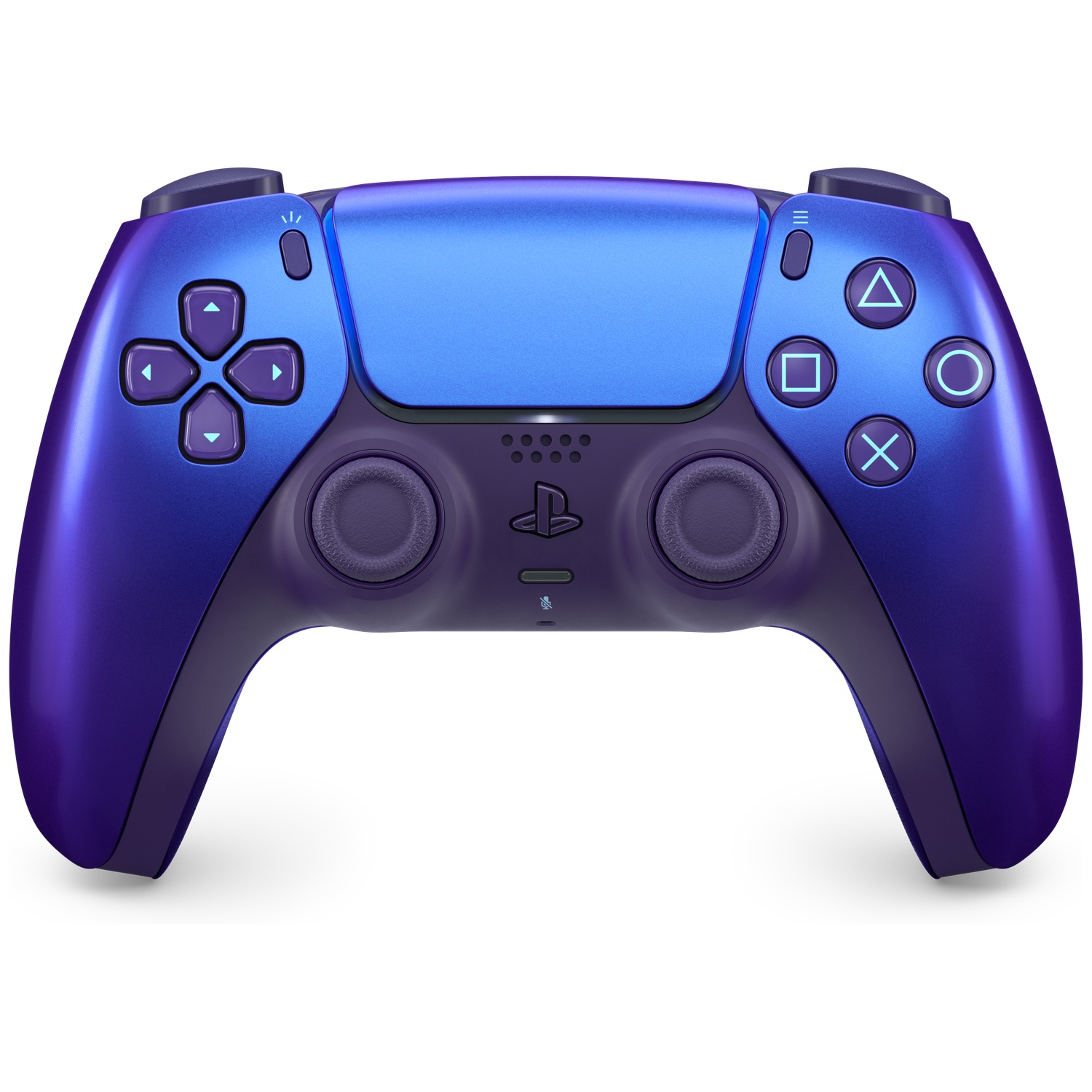 Een blauw-paarse controller met PS-symbolen en knoppen op witte achtergrond.